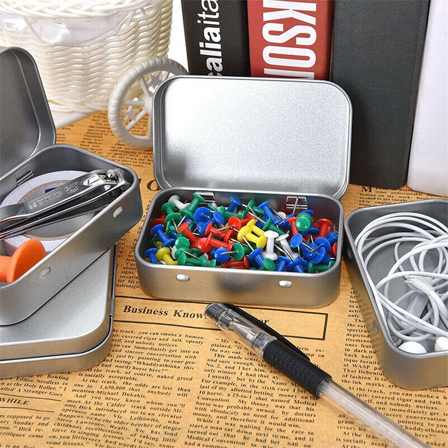 Set of 6 Metal Hinged Tin Boxes for Small Storage Solutions