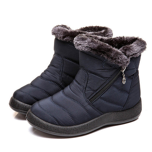 Blue Women Blue Fur Lined Snow Ankle Boots Winter Warm Waterproof Flat Shoes