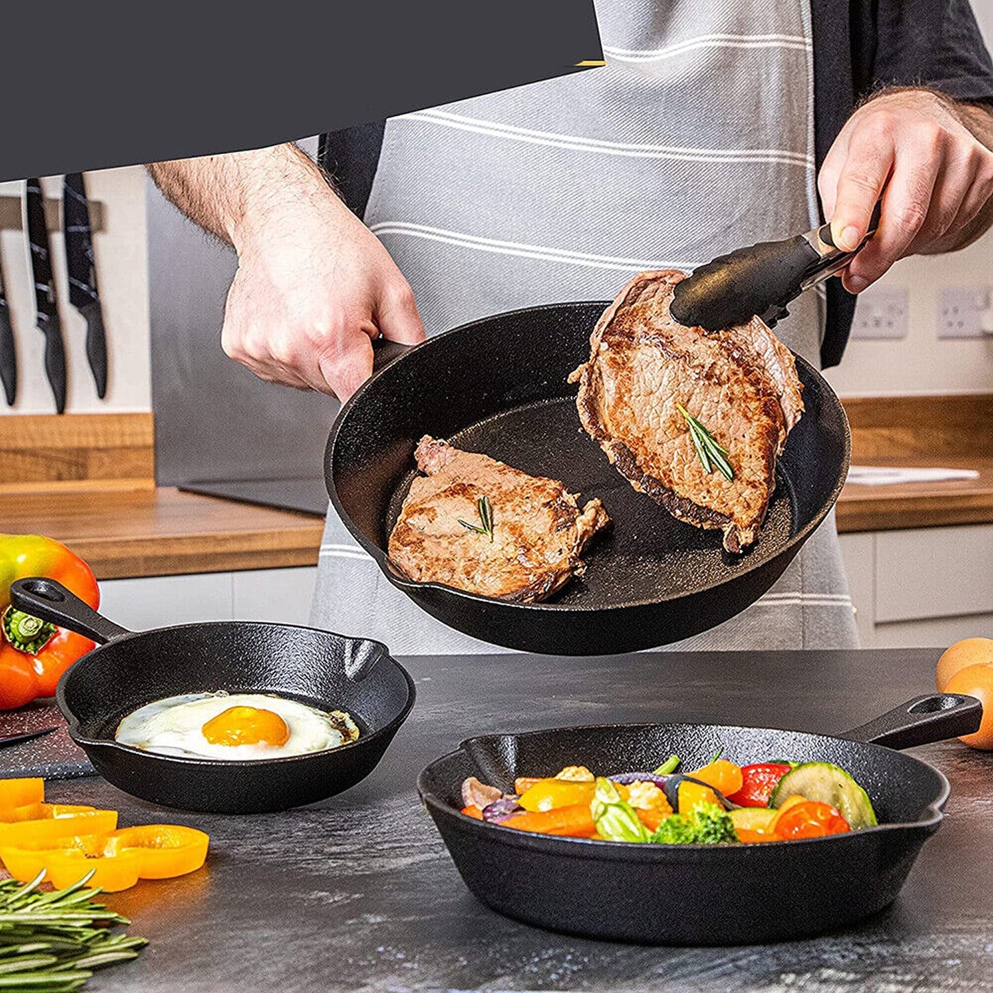 3-Piece Nonstick Cast Iron Frypan Set for BBQ and Cooking