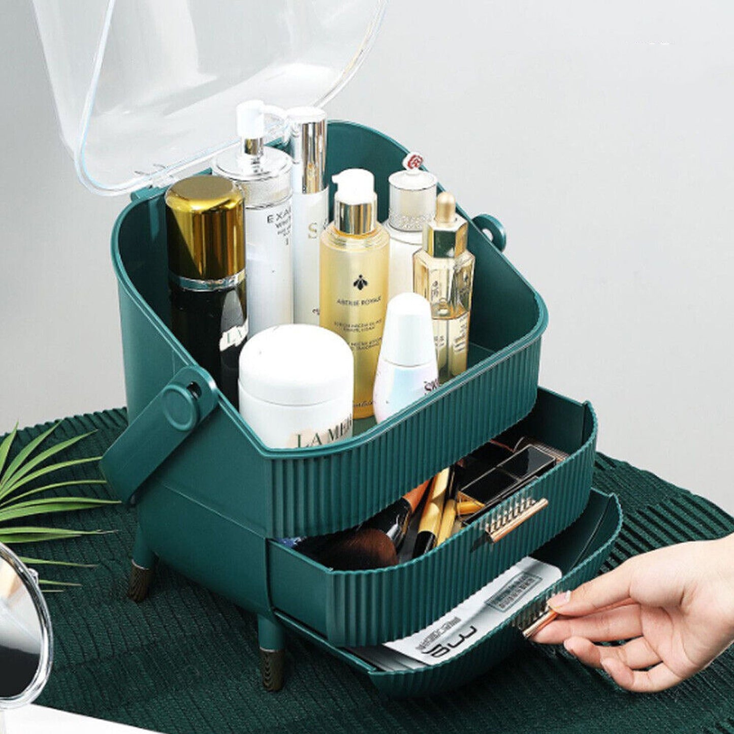 Portable Makeup Organizer Case with Cosmetic Storage and Jewelry Drawers