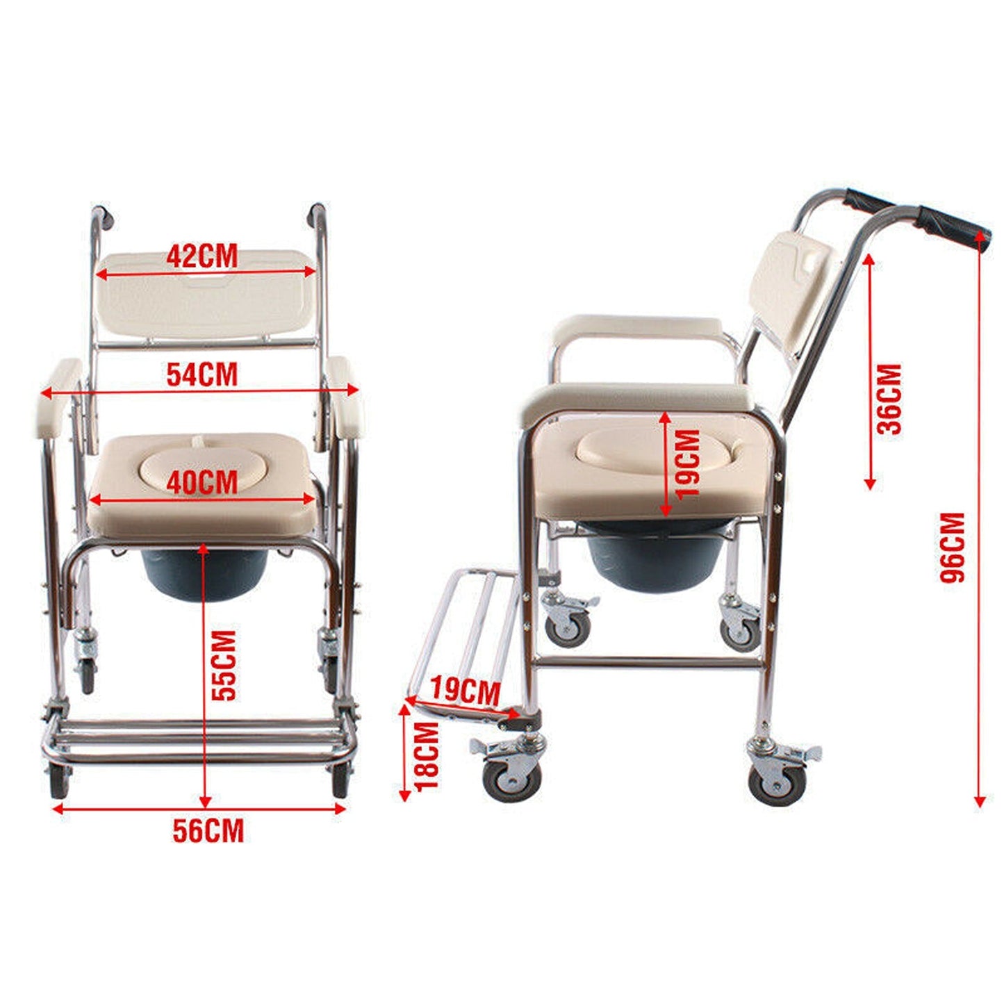 Bathroom Mobile Shower and Toilet Commode Chair with Footrest and Wheels