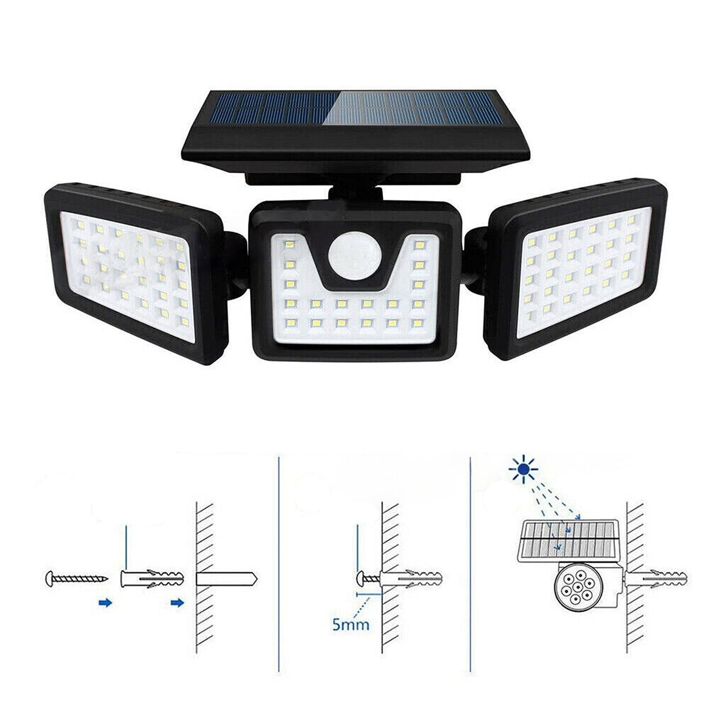 LED Solar Motion Sensor Security Light Outdoor 3 Head Wall Flood Lamp