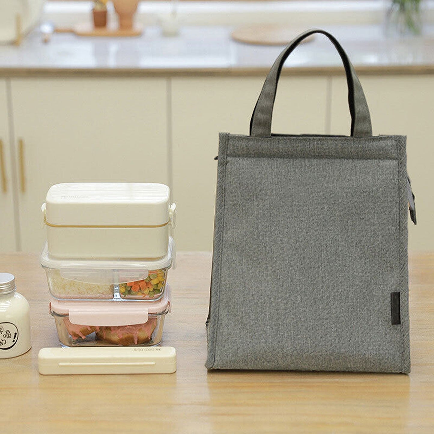 Grey Insulated Lunch Bag Thermal Bento Box Carrier for Work and Office