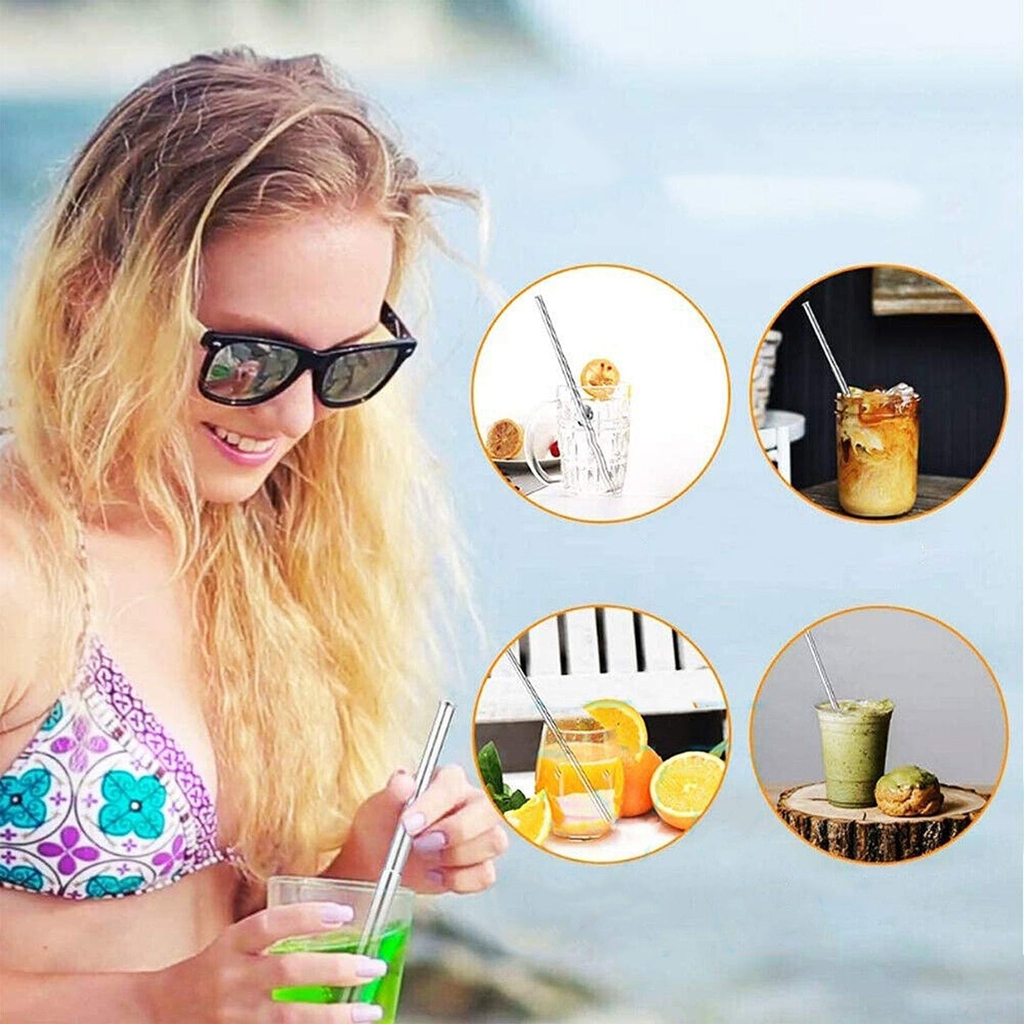 Stainless Steel Foldable Drinking Straw Metal Reusable with Cleaning Brush Keyring