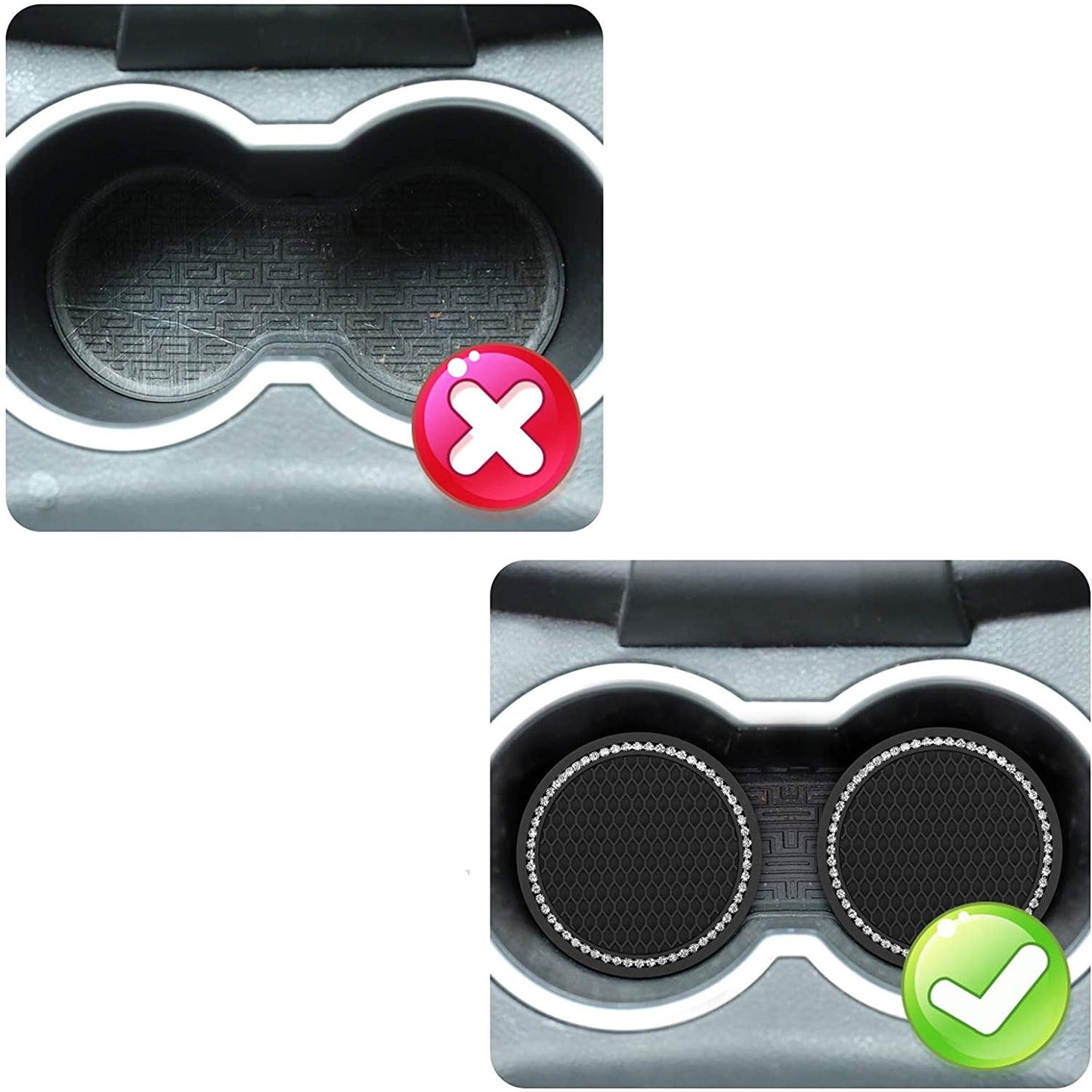2pcs Anti-Slip Black Car Coasters Bling Cup Holder Inserts