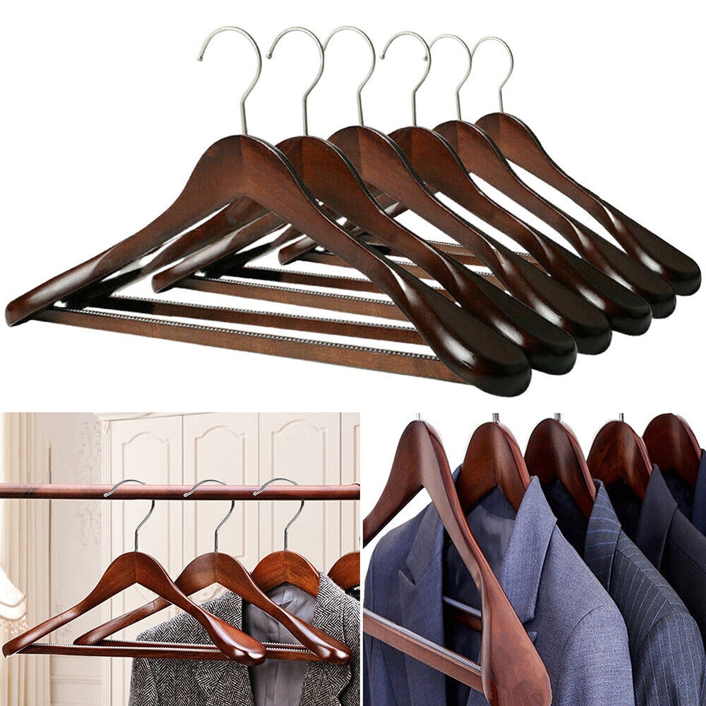 6pcs Set of Wide Shoulder Wooden Suit Hangers for Wardrobes