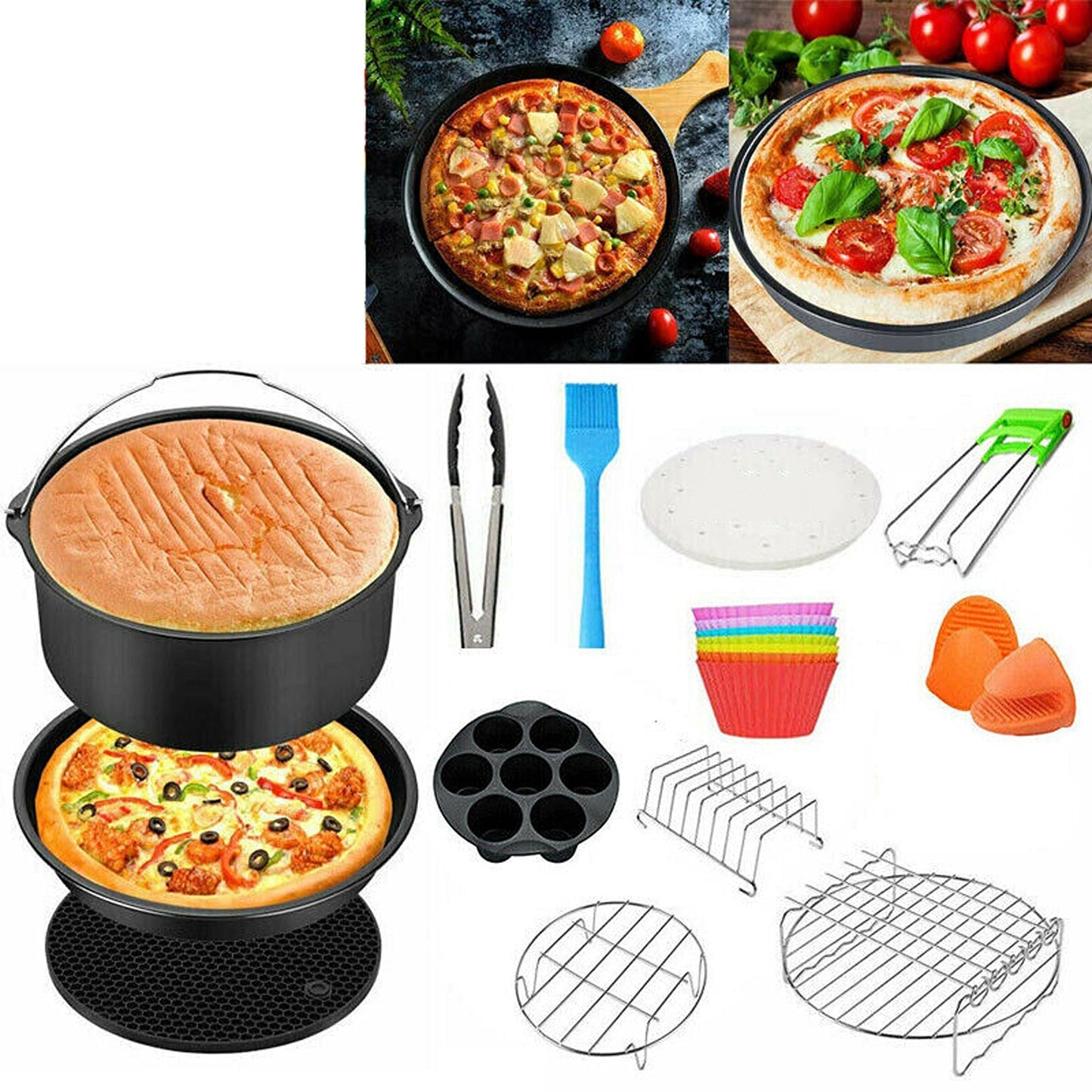 Air Fryer Accessory Kit with Frying Cage Baking Pan and Pizza Tray