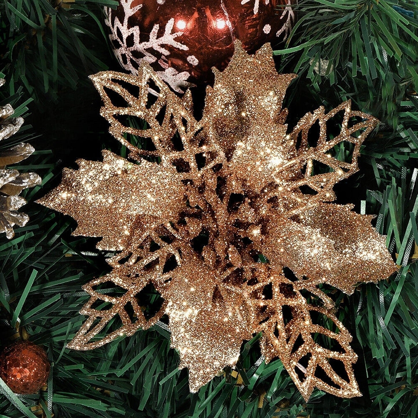 10pcs Christmas Poinsettia Glitter Flower Decorations Xmas Tree Hanging