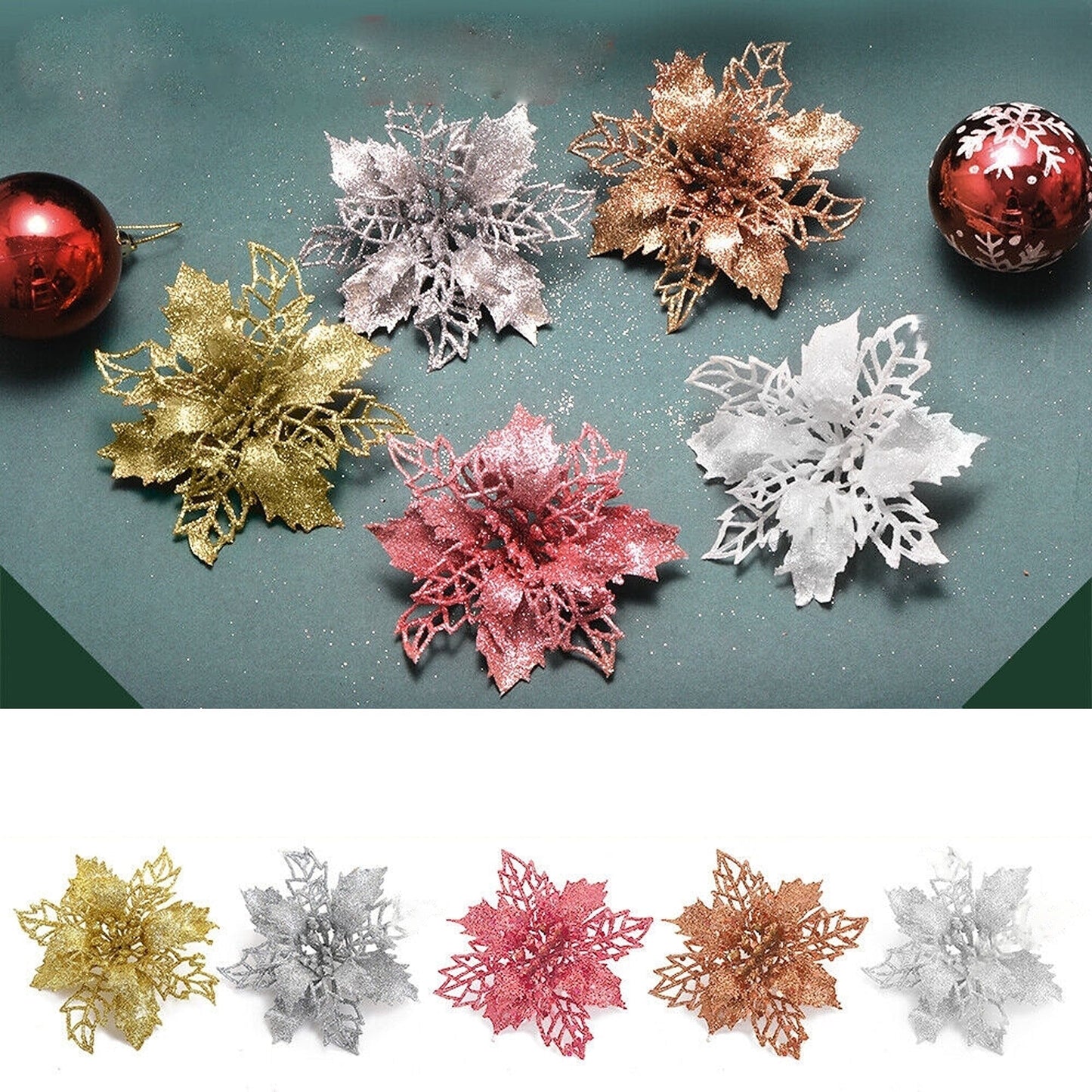 10pcs Christmas Poinsettia Glitter Flower Decorations Xmas Tree Hanging