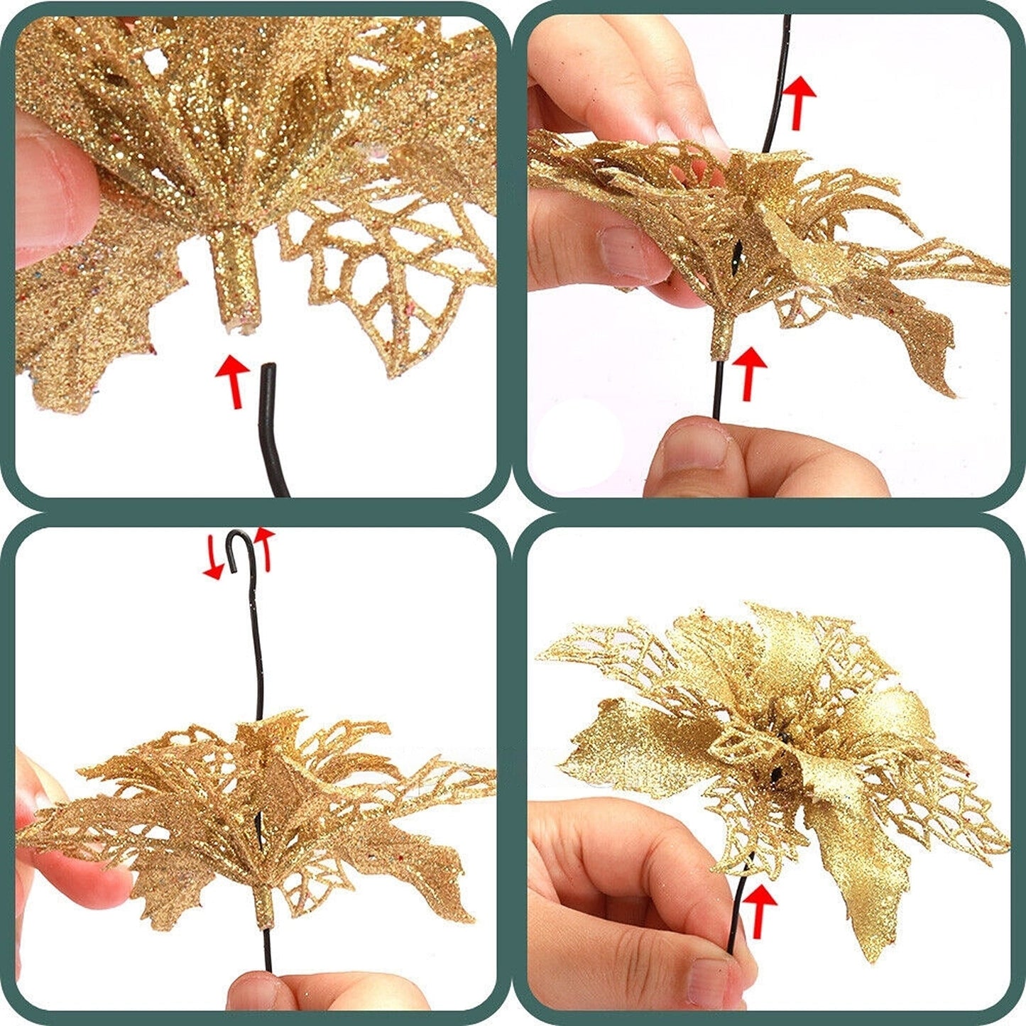 10pcs Christmas Poinsettia Glitter Flower Decorations Xmas Tree Hanging