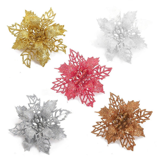 10pcs Christmas Poinsettia Glitter Flower Decorations Xmas Tree Hanging