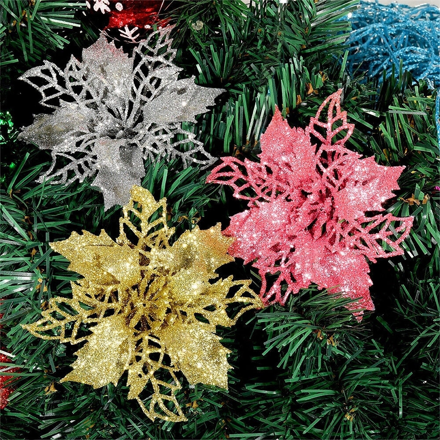 10pcs Christmas Poinsettia Glitter Flower Decorations Xmas Tree Hanging