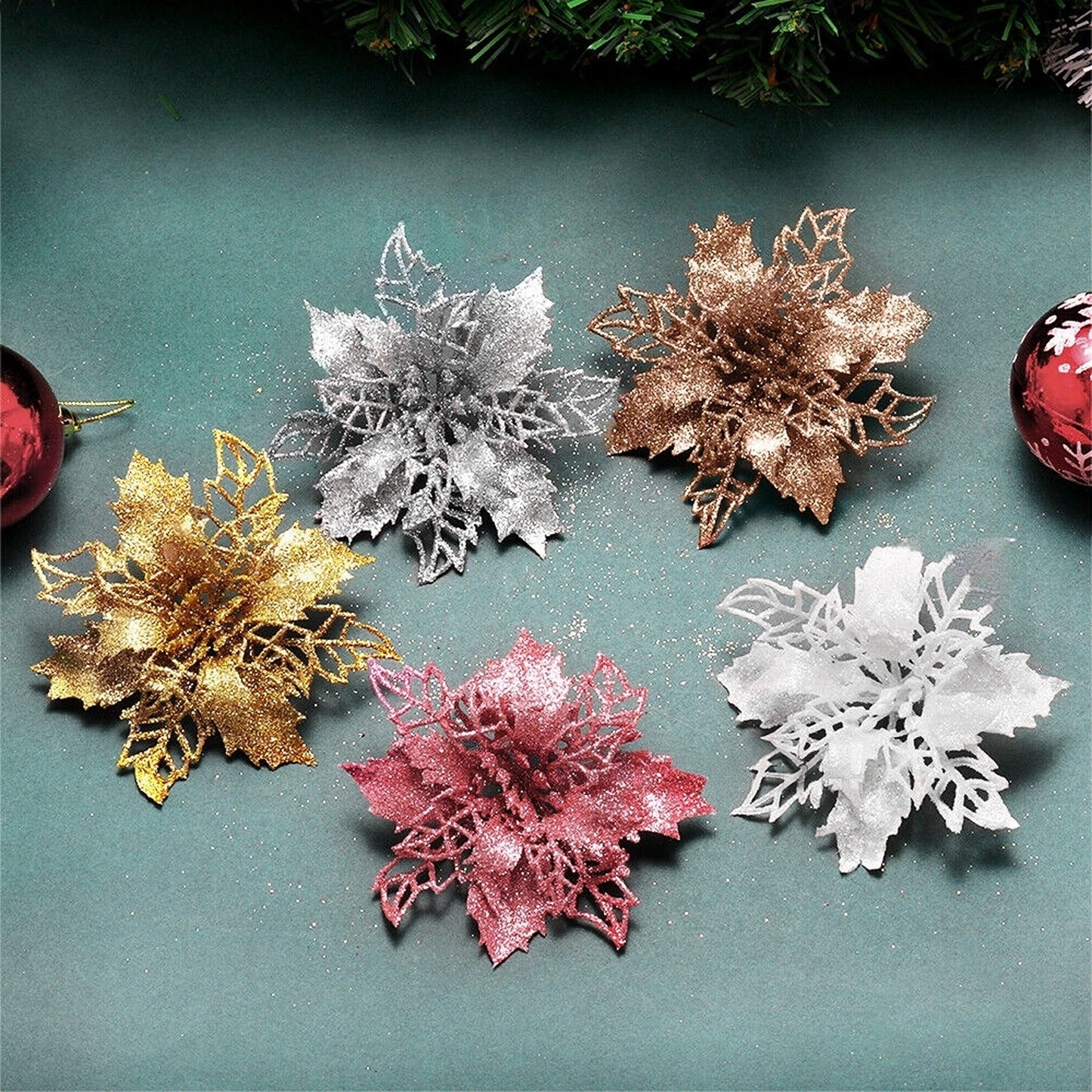 10pcs Christmas Poinsettia Glitter Flower Decorations Xmas Tree Hanging