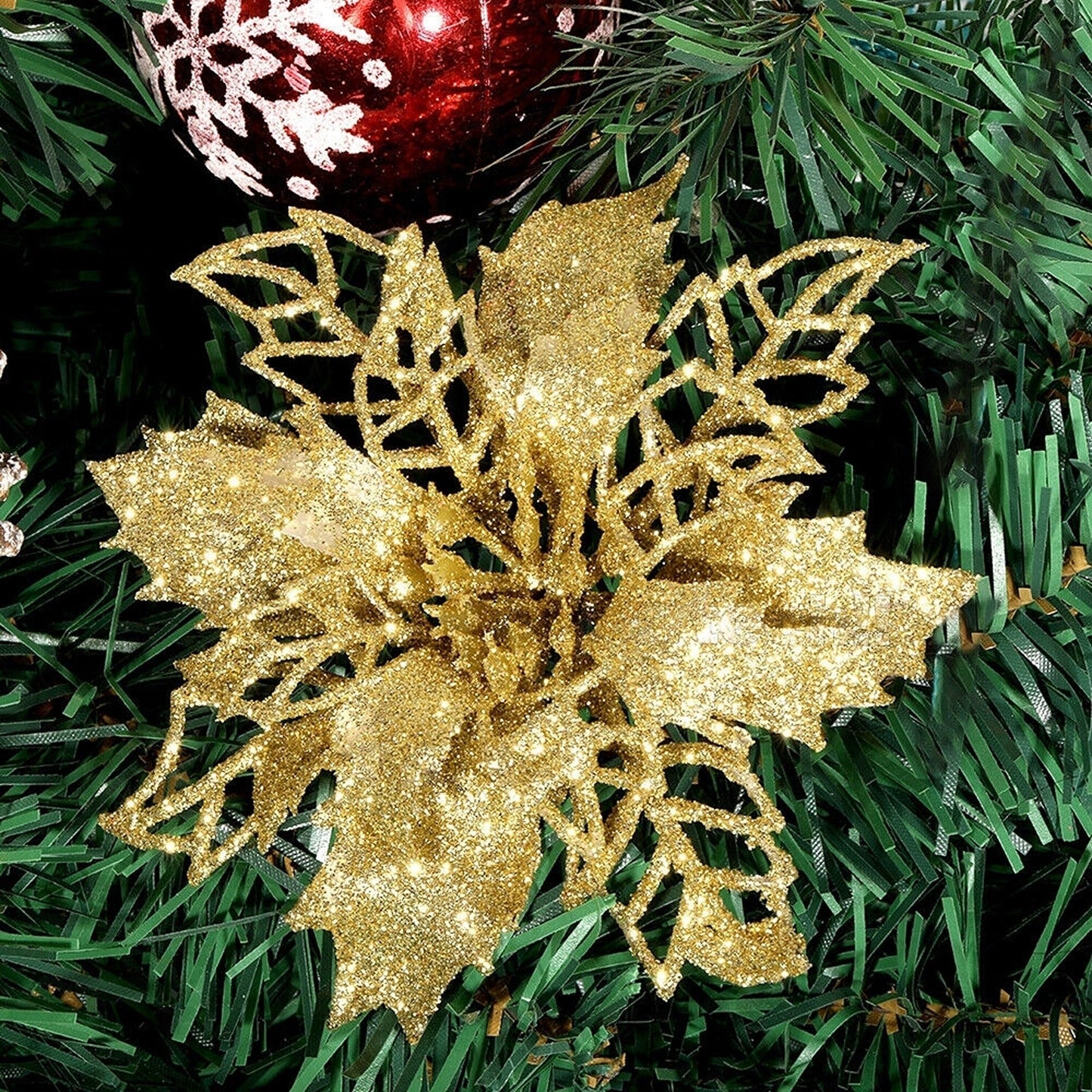 10pcs Christmas Poinsettia Glitter Flower Decorations Xmas Tree Hanging