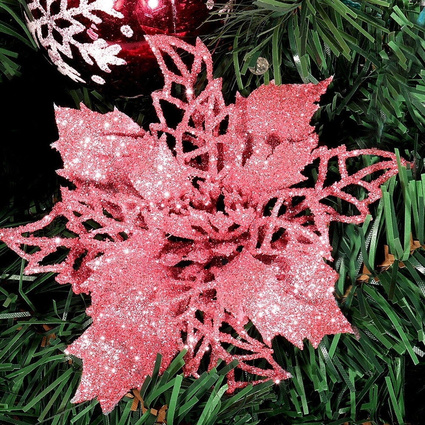 10pcs Christmas Poinsettia Glitter Flower Decorations Xmas Tree Hanging