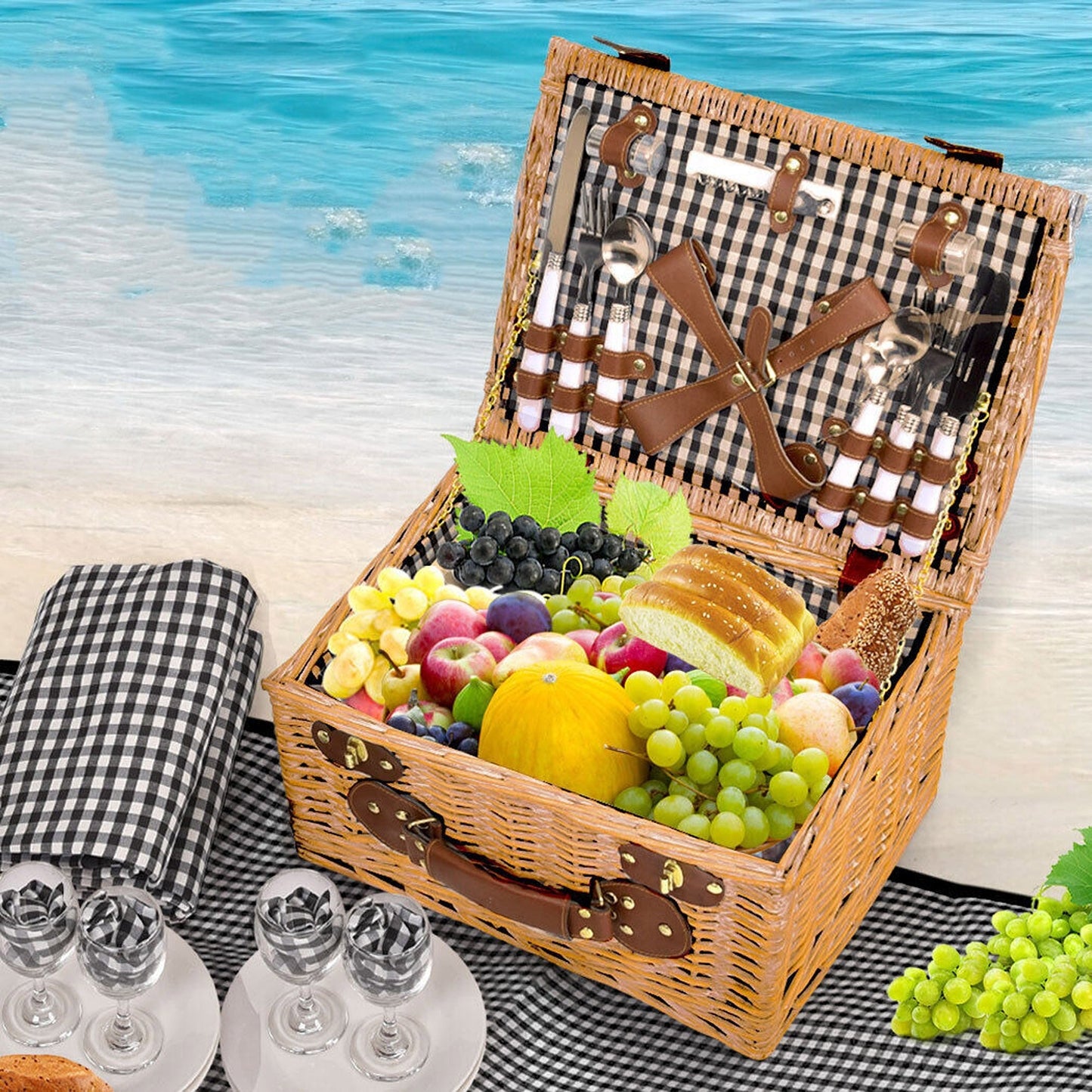 Deluxe Picnic Basket Set for 4 Outdoor Blanket and Willow Storage for Gifts