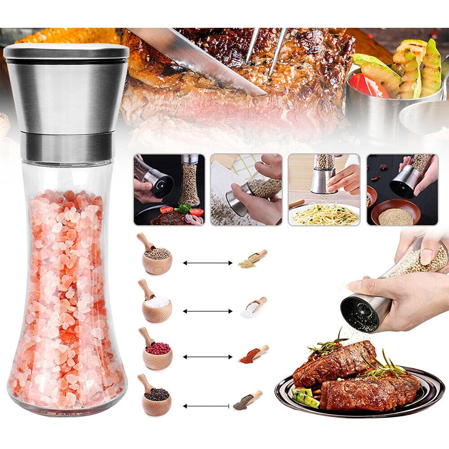 Stainless Steel Salt and Pepper Grinders with Oil Sprayer for Kitchen Use