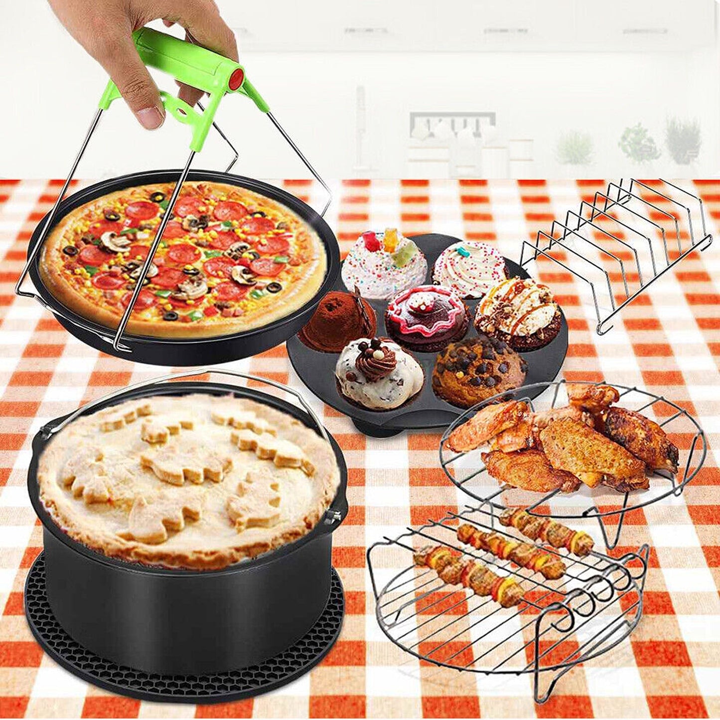 Air Fryer Accessory Kit with Frying Cage Baking Pan and Pizza Tray