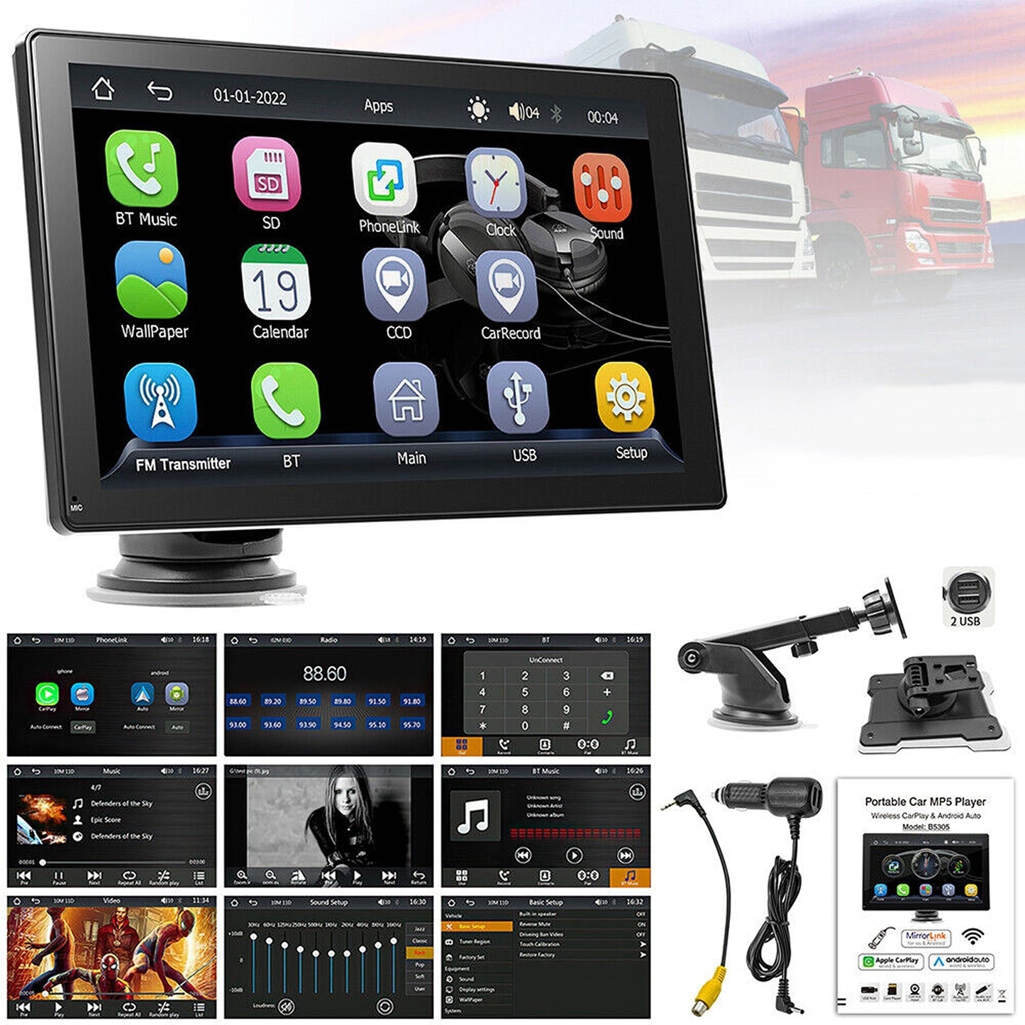 9in Portable Car Radio with Apple Carplay Android Auto and Bluetooth FM