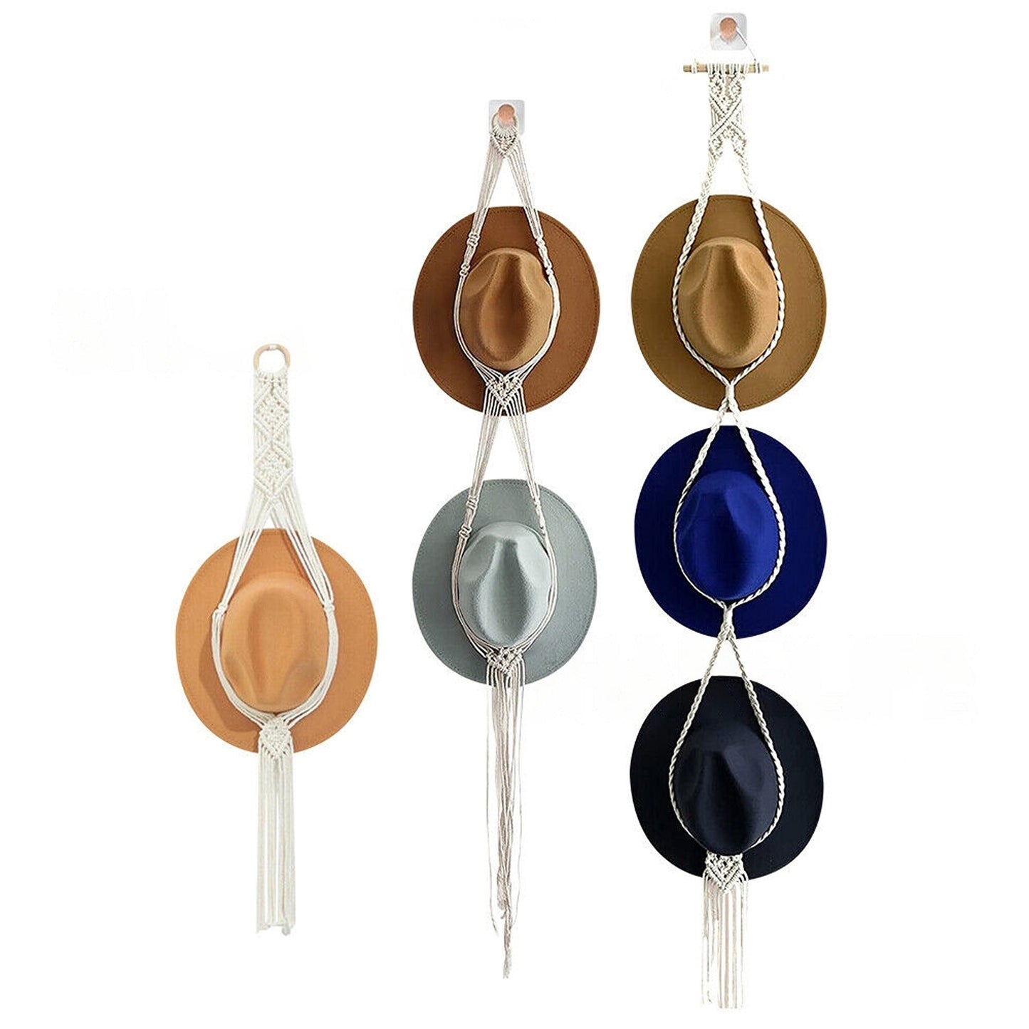 Boho Style Macrame Hat Display Rack Rope Hanger for 1 to 3 Hats