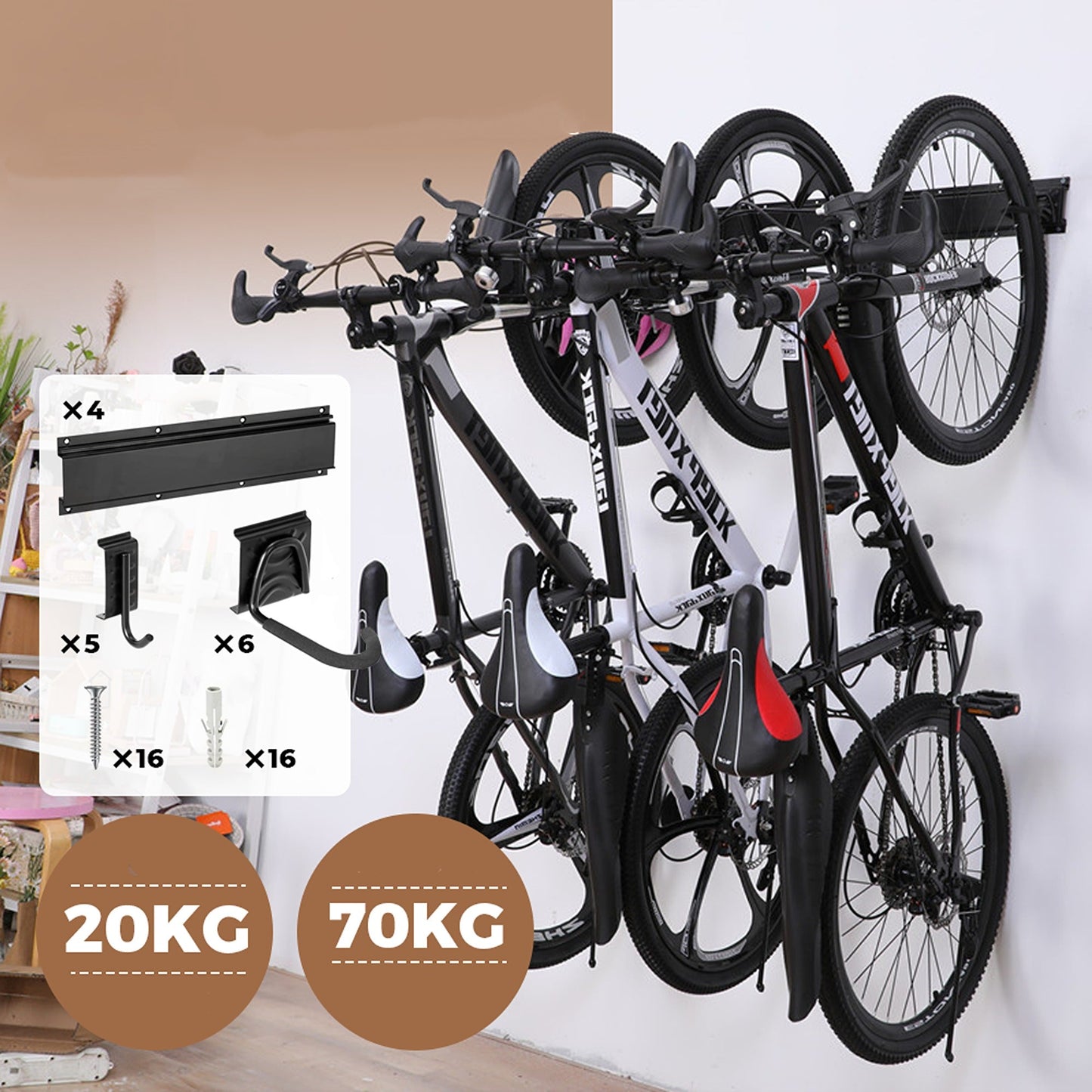 Wall Mount Bicycle Storage Rack Adjustable Garage Bike Hanger for 6 Bikes