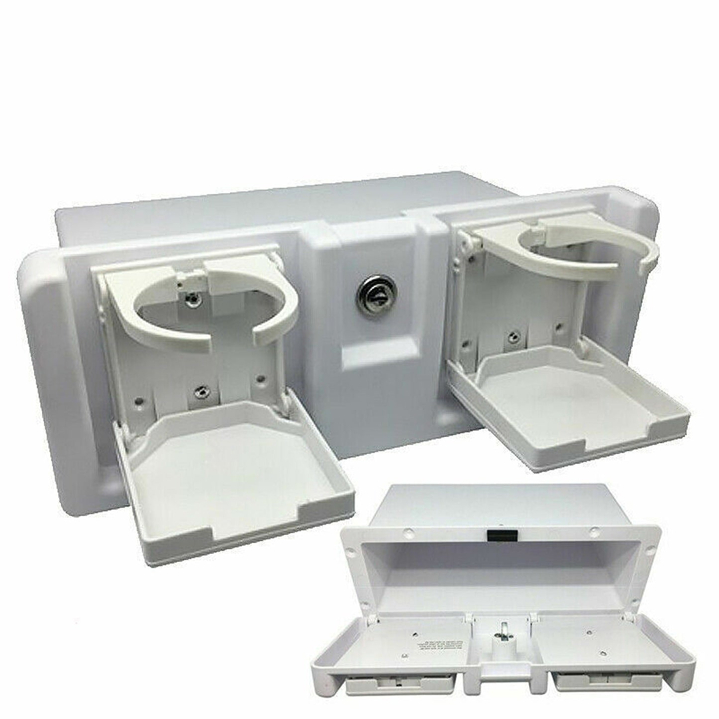 Deluxe White Recessed Storage Glove Box with Drink Holders and Lock for Boats