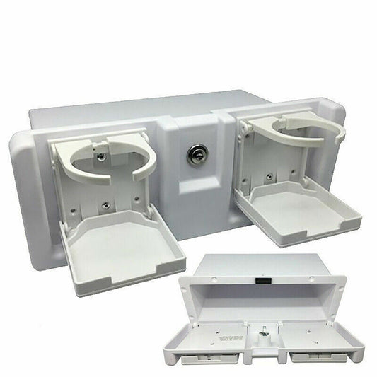 Deluxe White Recessed Storage Glove Box with Drink Holders and Lock for Boats
