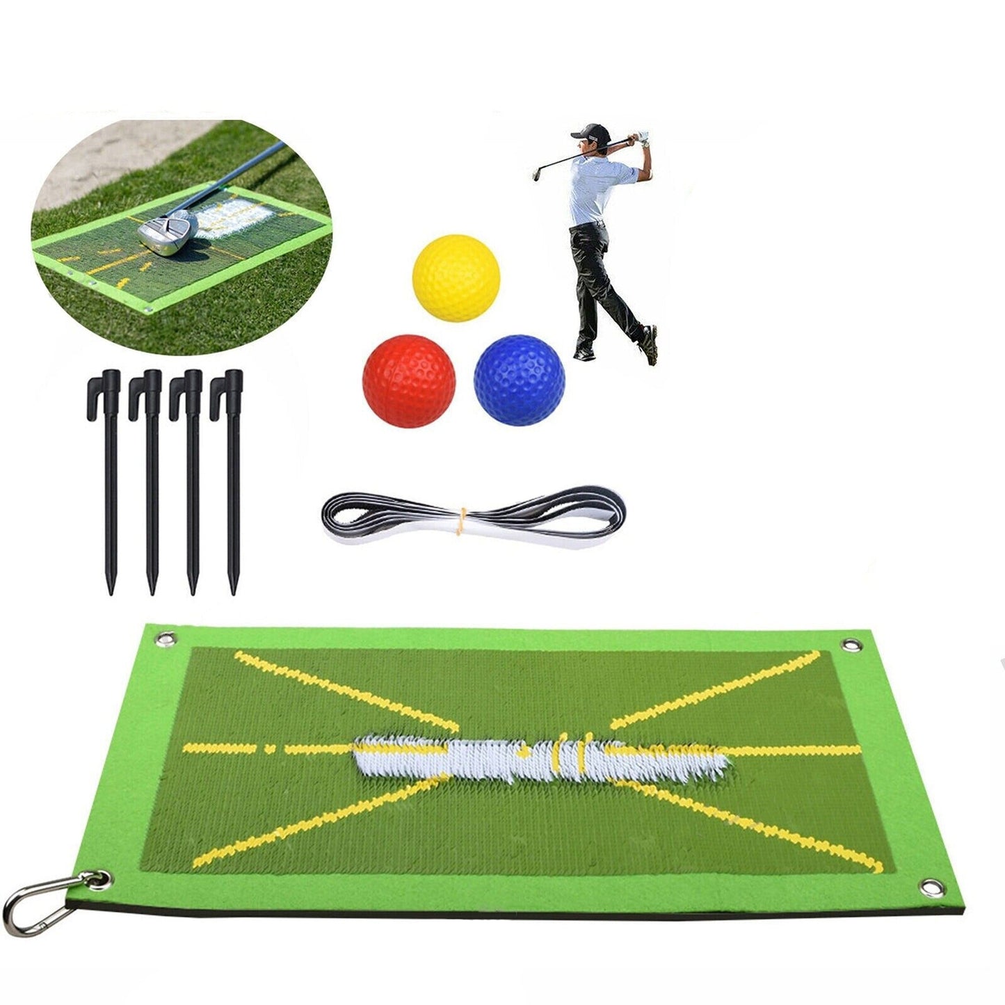 Golf Training Aid for Swing Detection with Mat Hook Spike Ball Set