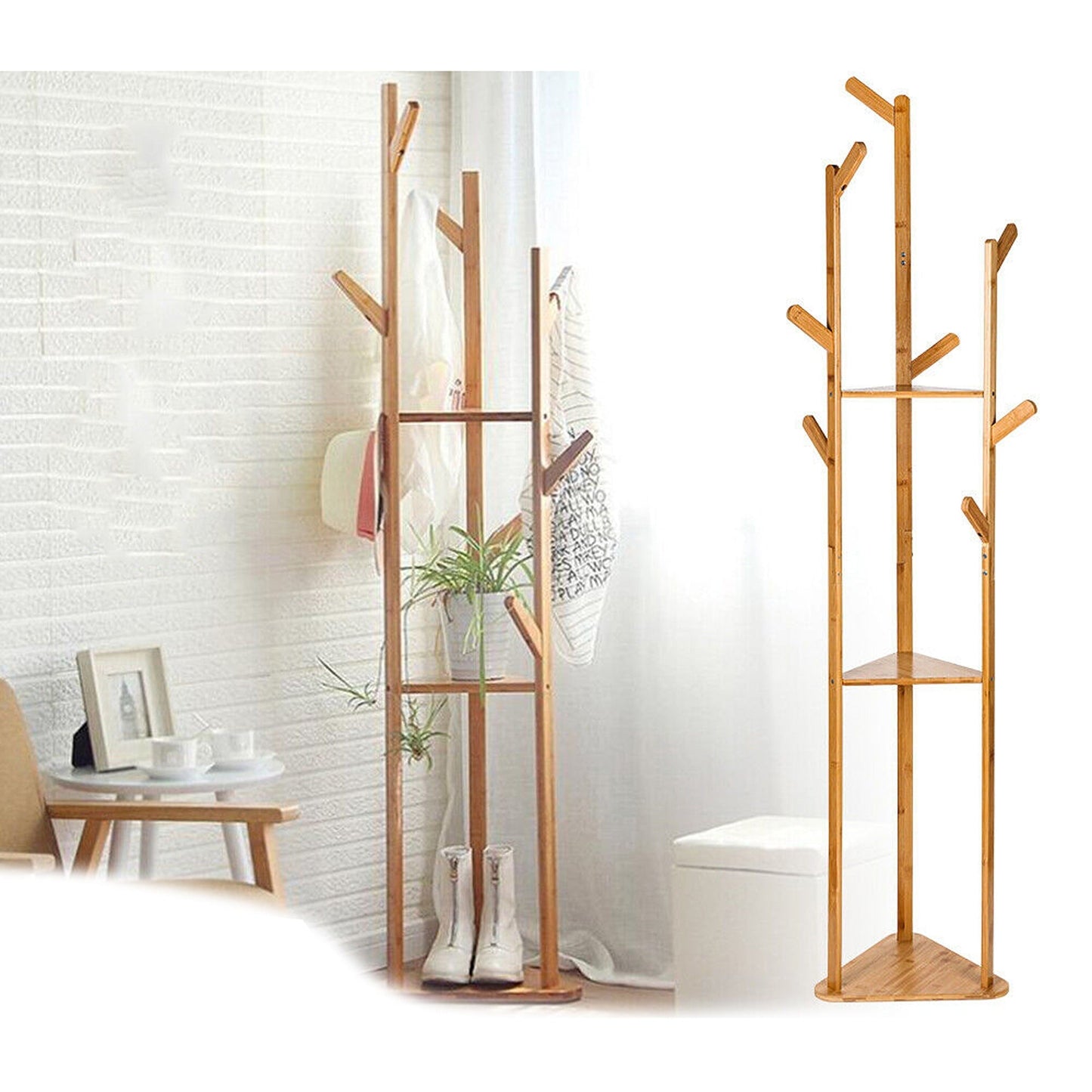Wooden Coat Rack with 3 Tiers and 9 Hooks