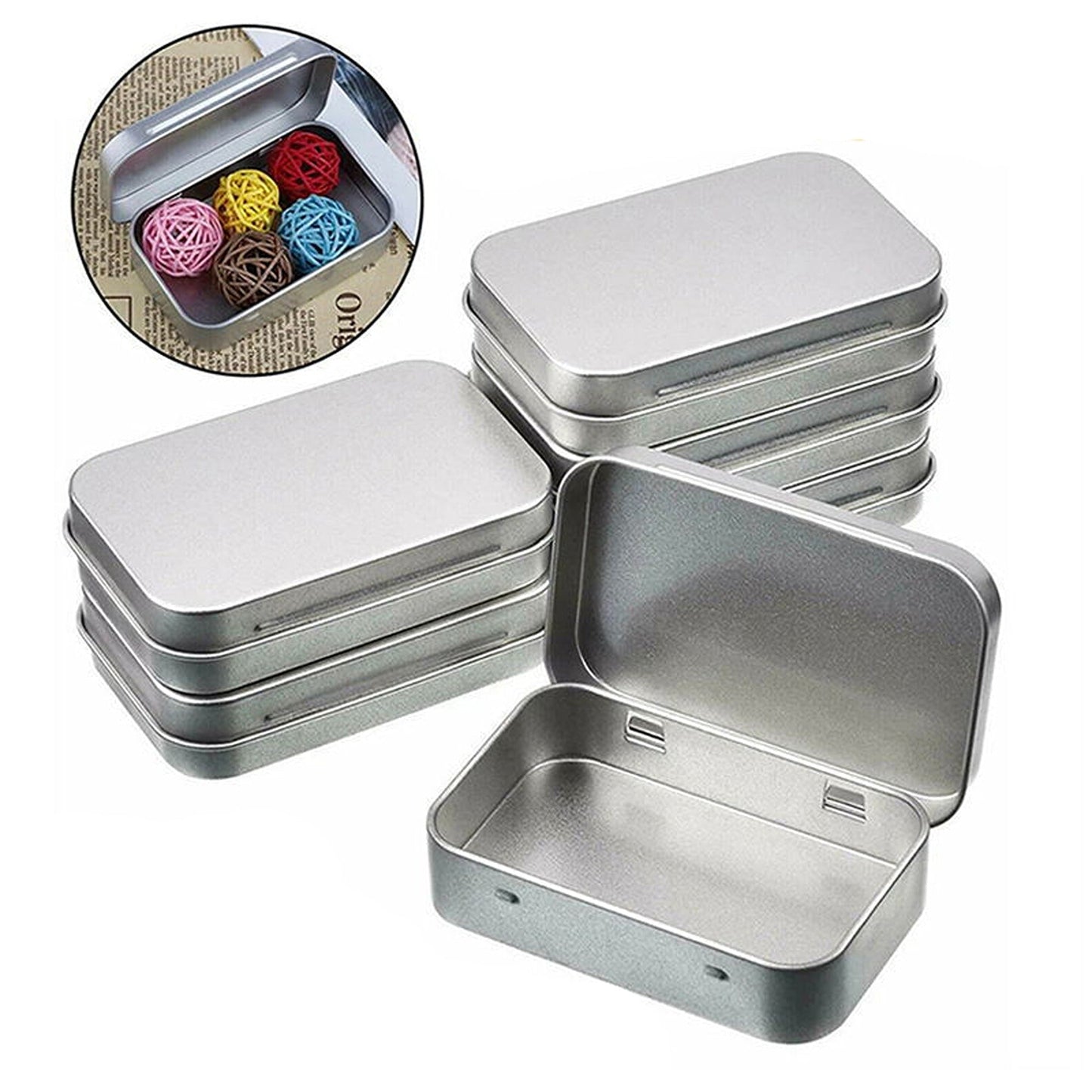 Set of 6 Metal Hinged Tin Boxes for Small Storage Solutions