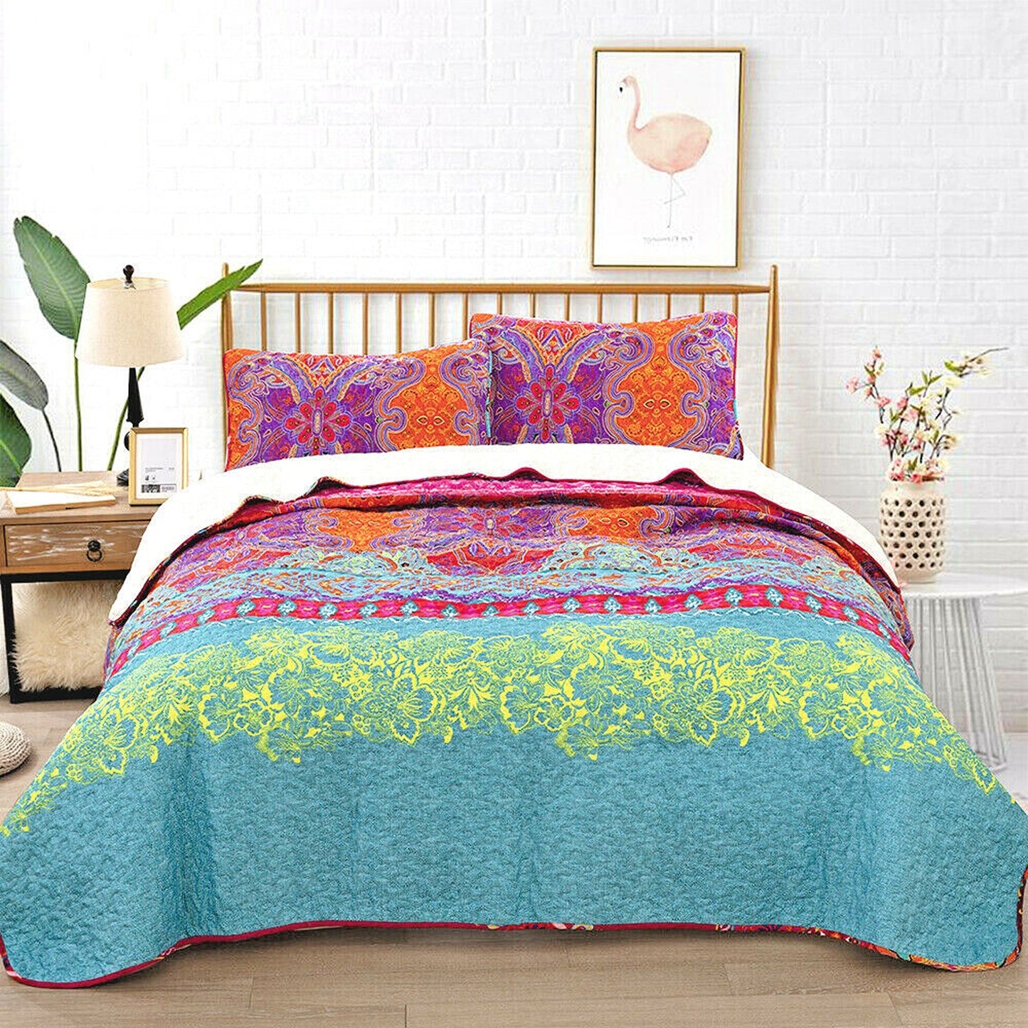 Bohemian Style Quilted Bedspread Queen King Size Coverlet Comforter Bedding