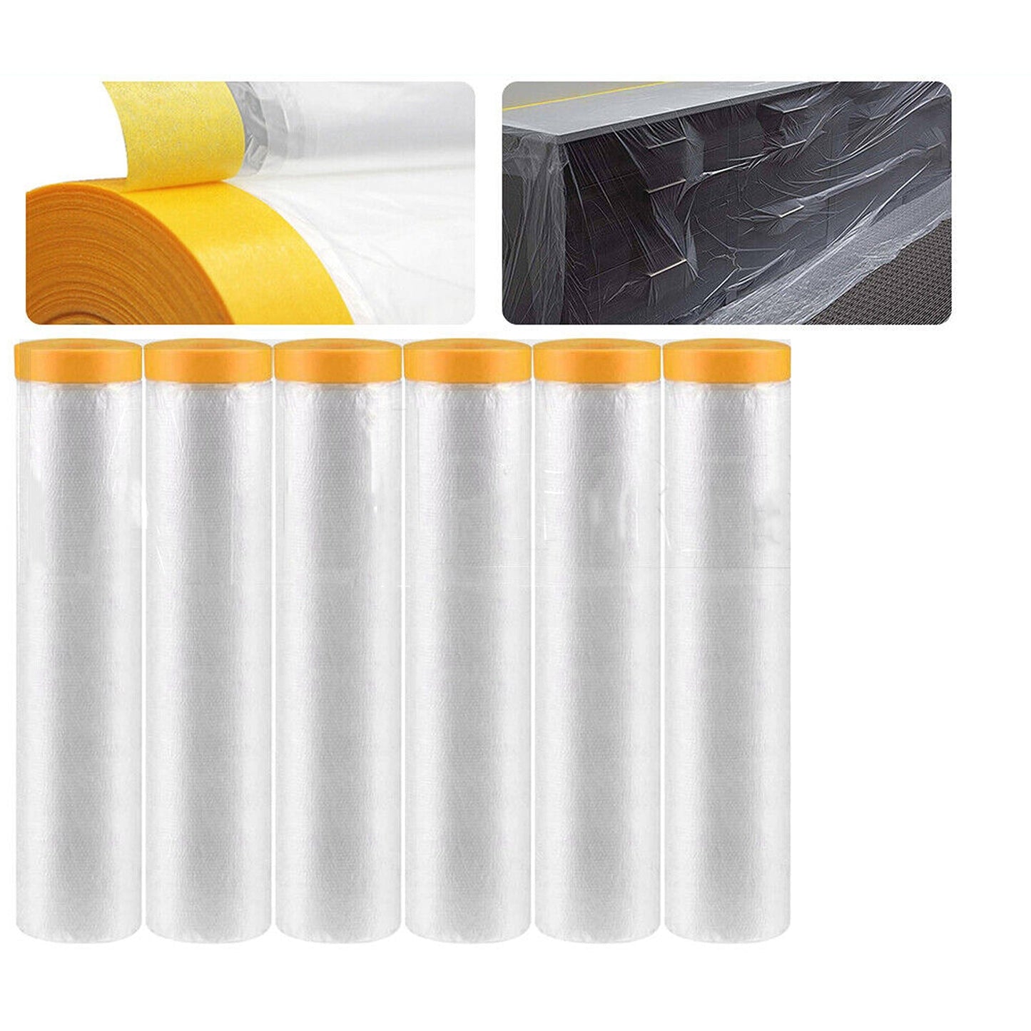 6 Rolls Pre-Taped Plastic Drop Cloth with Masking Film for Painting
