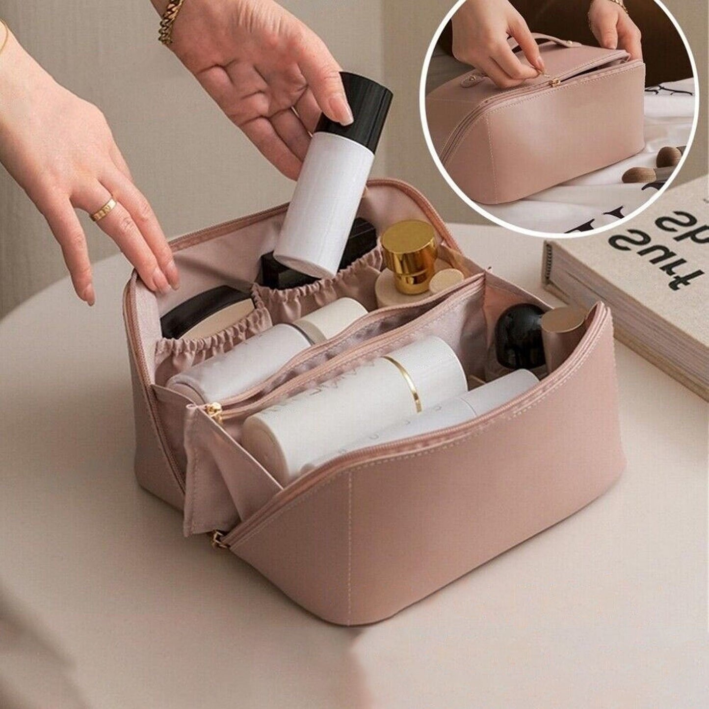 Large Travel Cosmetic Makeup Bag with Organizers and Brush Slots