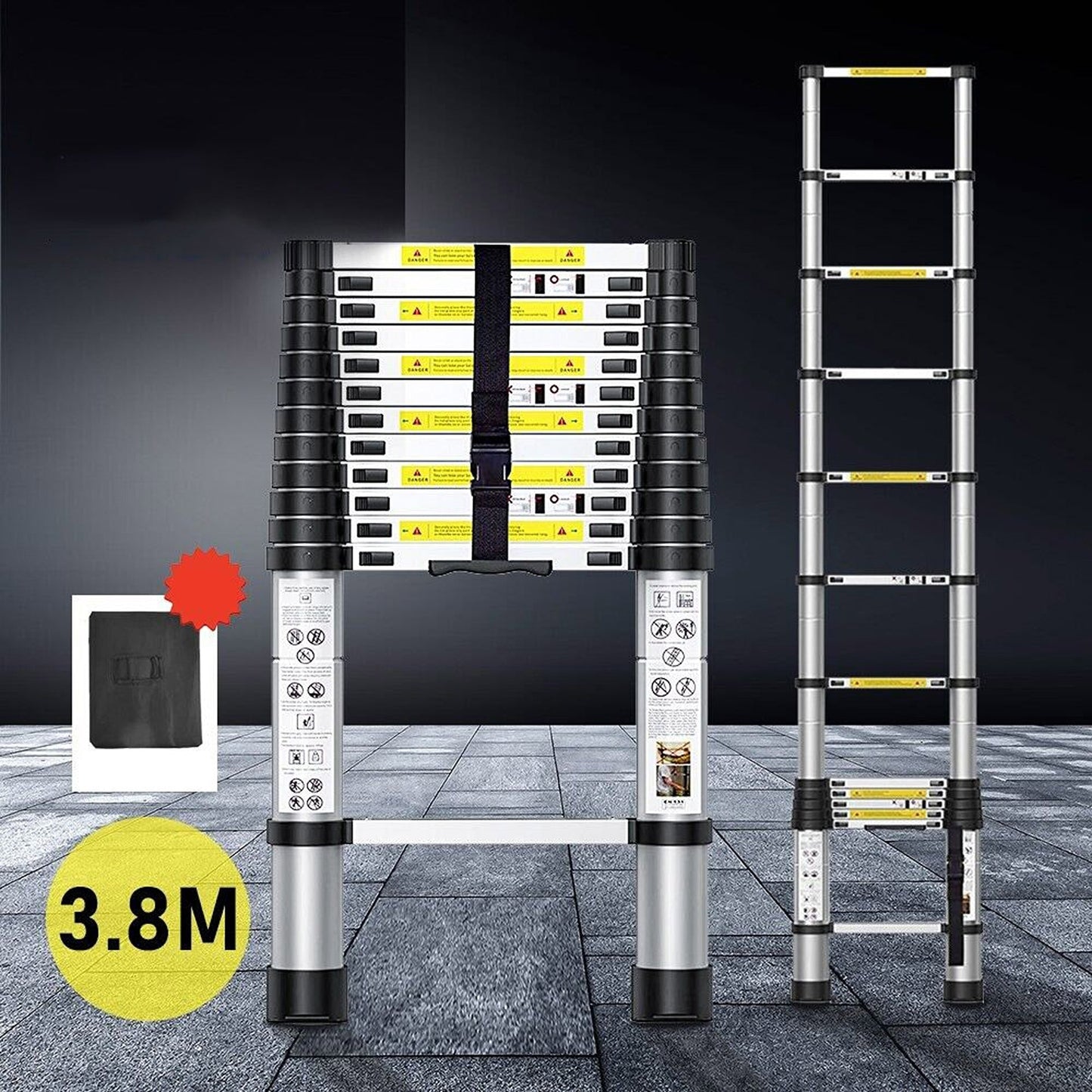 3.8m Retractable Telescopic Ladder with Safe Lock Free Carry Bag Included