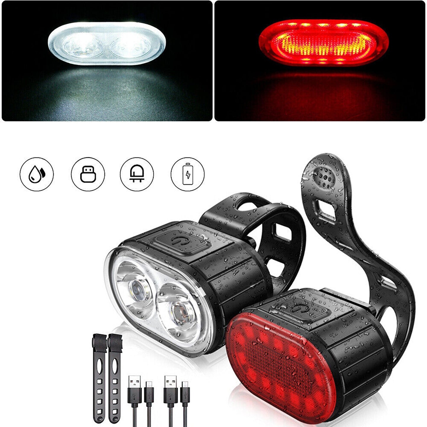 USB Rechargeable LED Bike Light Set Bright Front and Rear Mountain Bicycle Lights