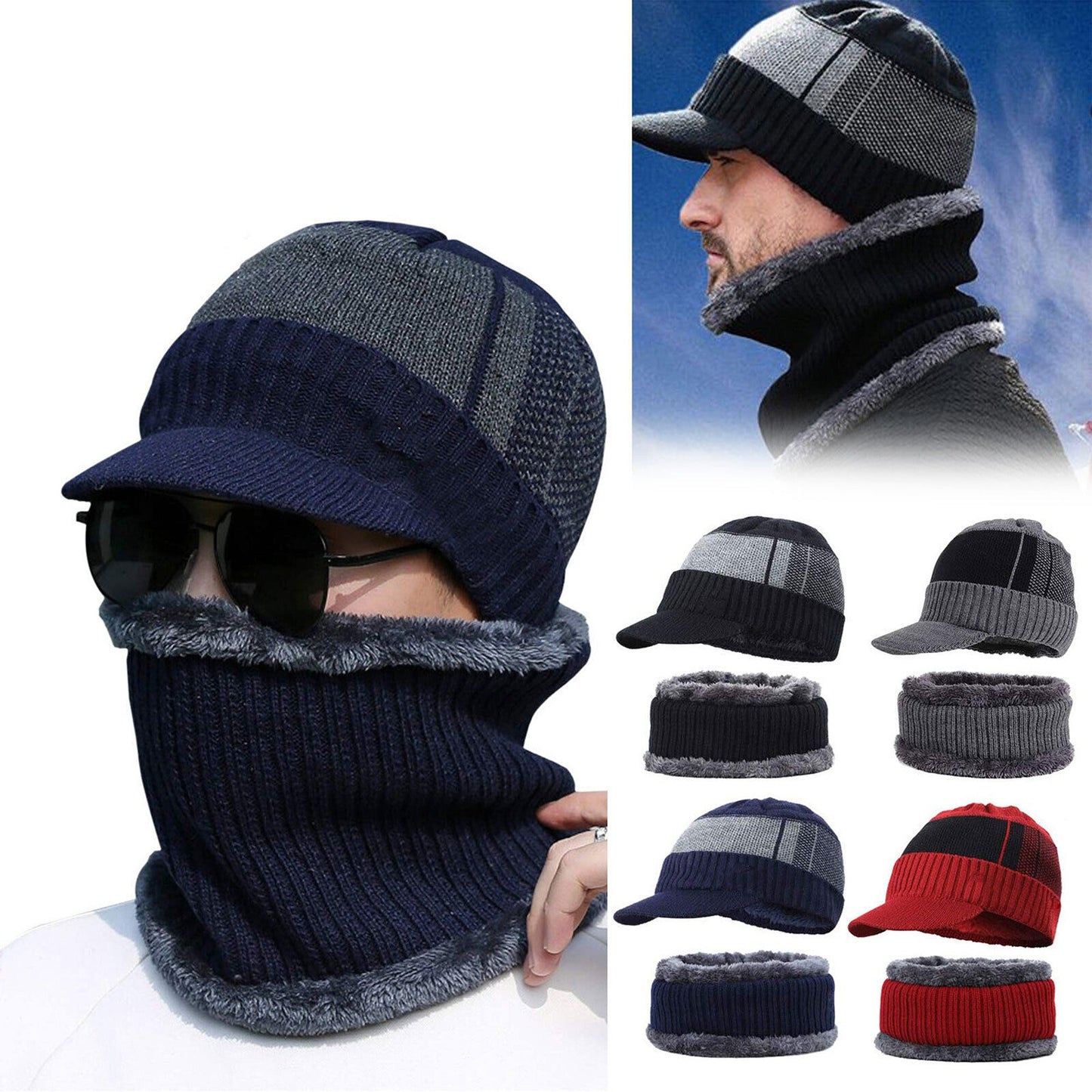 Men and Women Winter Beanie Hat and Scarf Set Fleece Warm Snow Ski Cap