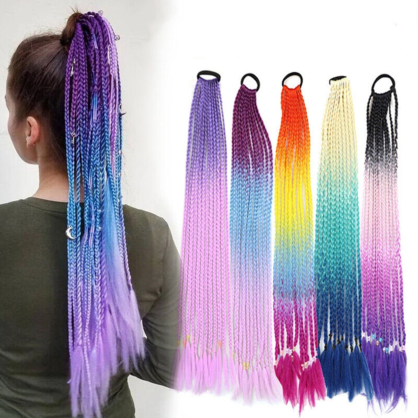 Colorful Braided Hair Extensions Elastic Ponytail Tie Fashion Accessory