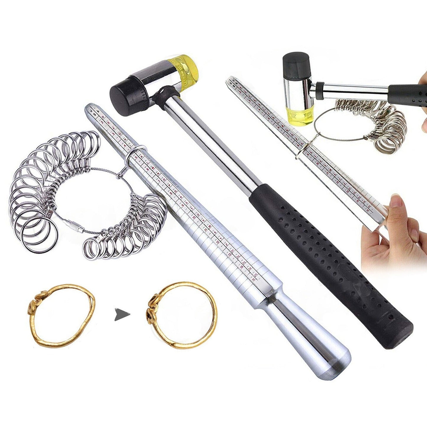 Jewelry Making Steel Ring Sizer Mandrel Gauge Rubber Hammer Tool Set