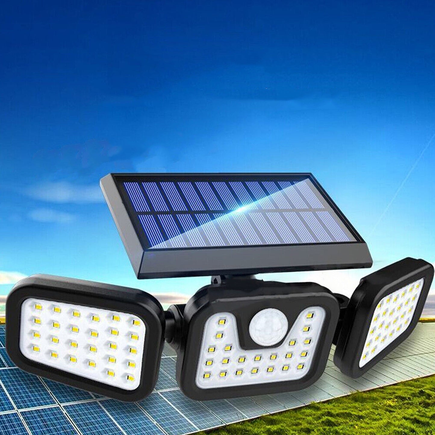 LED Solar Motion Sensor Security Light Outdoor 3 Head Wall Flood Lamp