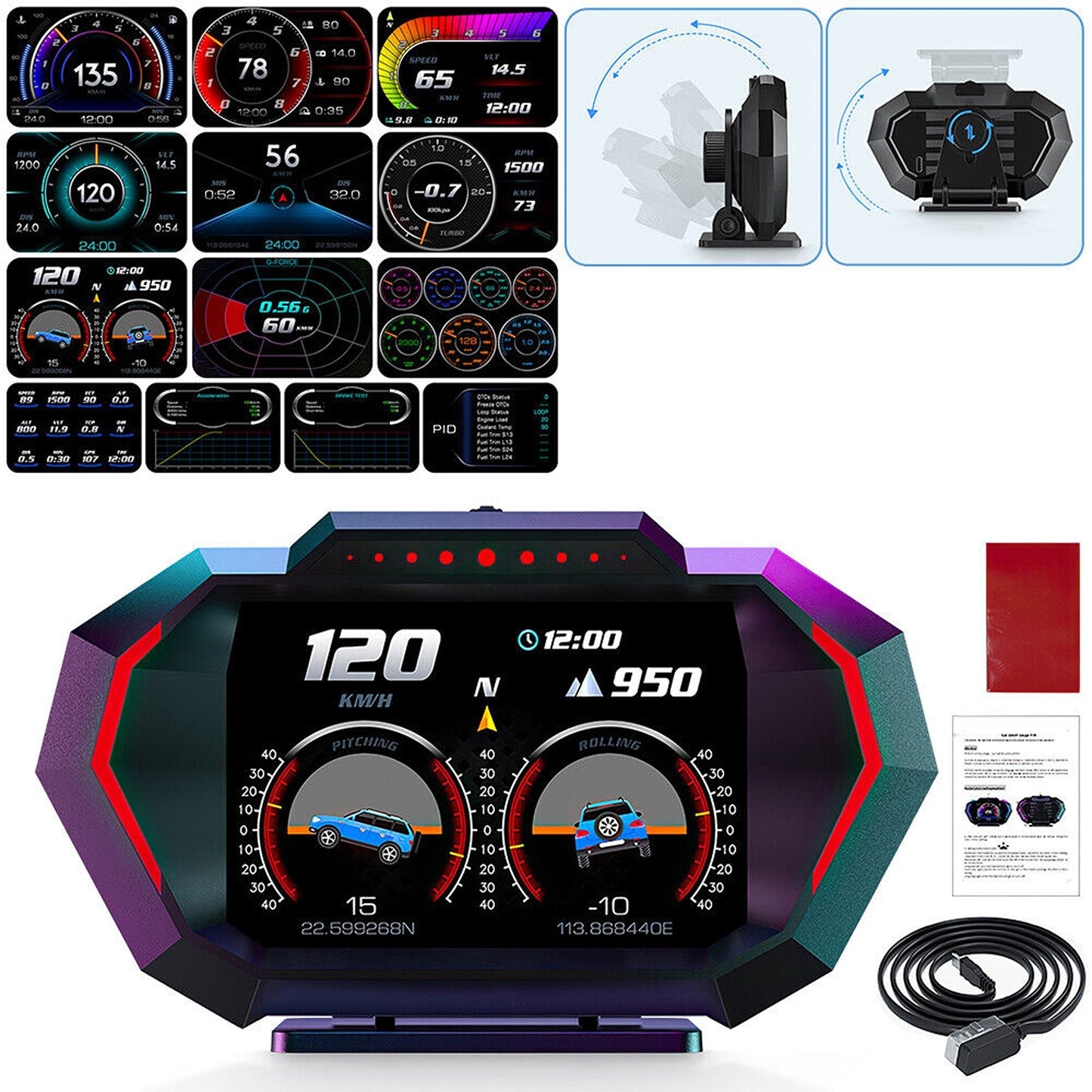 Digital Car HUD OBD2 and GPS Gauge with Speedometer Turbo RPM and Temp Alarms