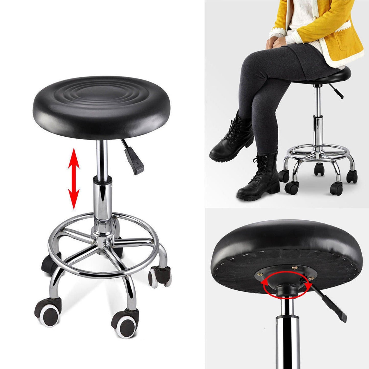 Round Black Barber Stool PU Leather Swivel Hairdressing Chair
