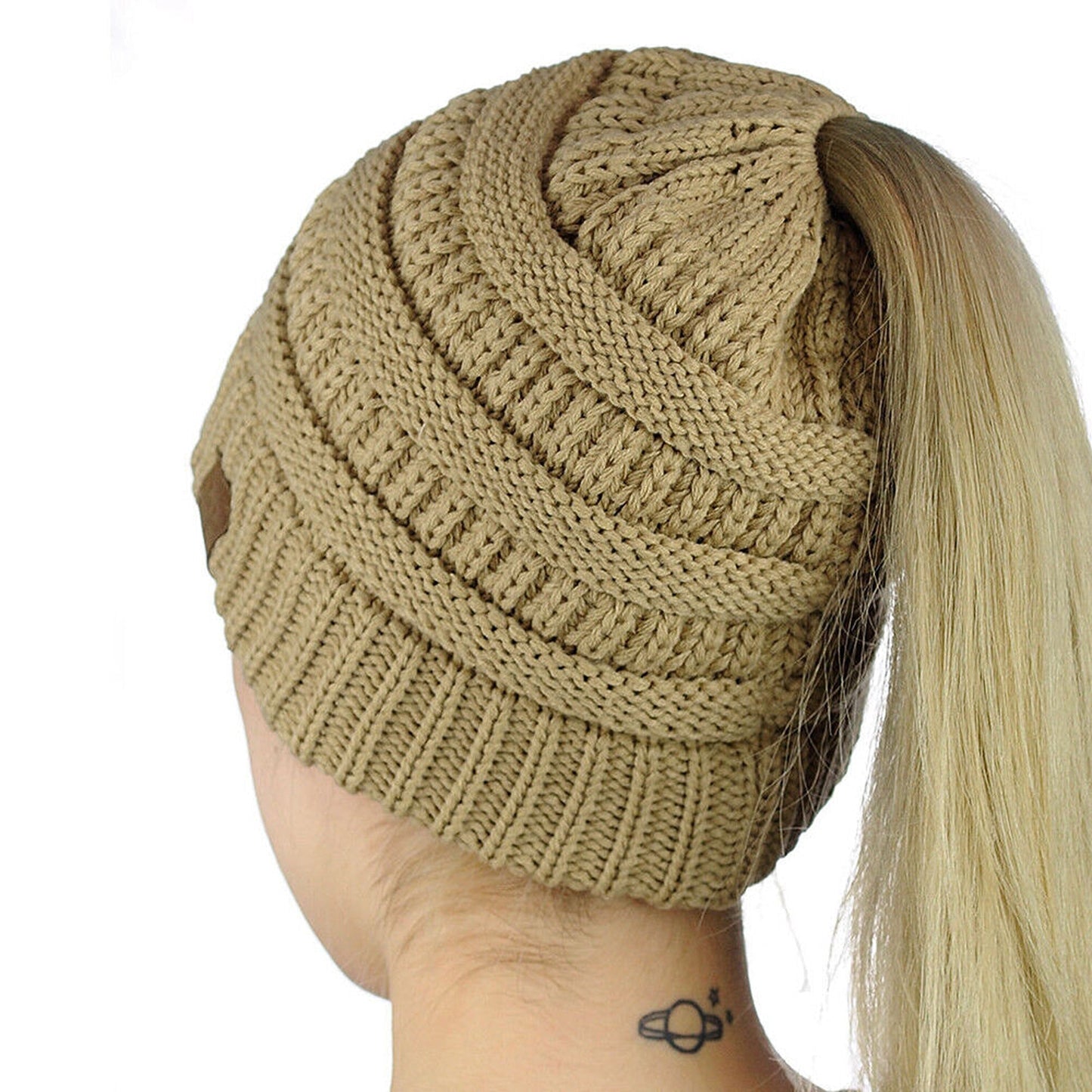 High Bun Ponytail Beanie for Women Soft Stretch Cable Knit Crochet Hat