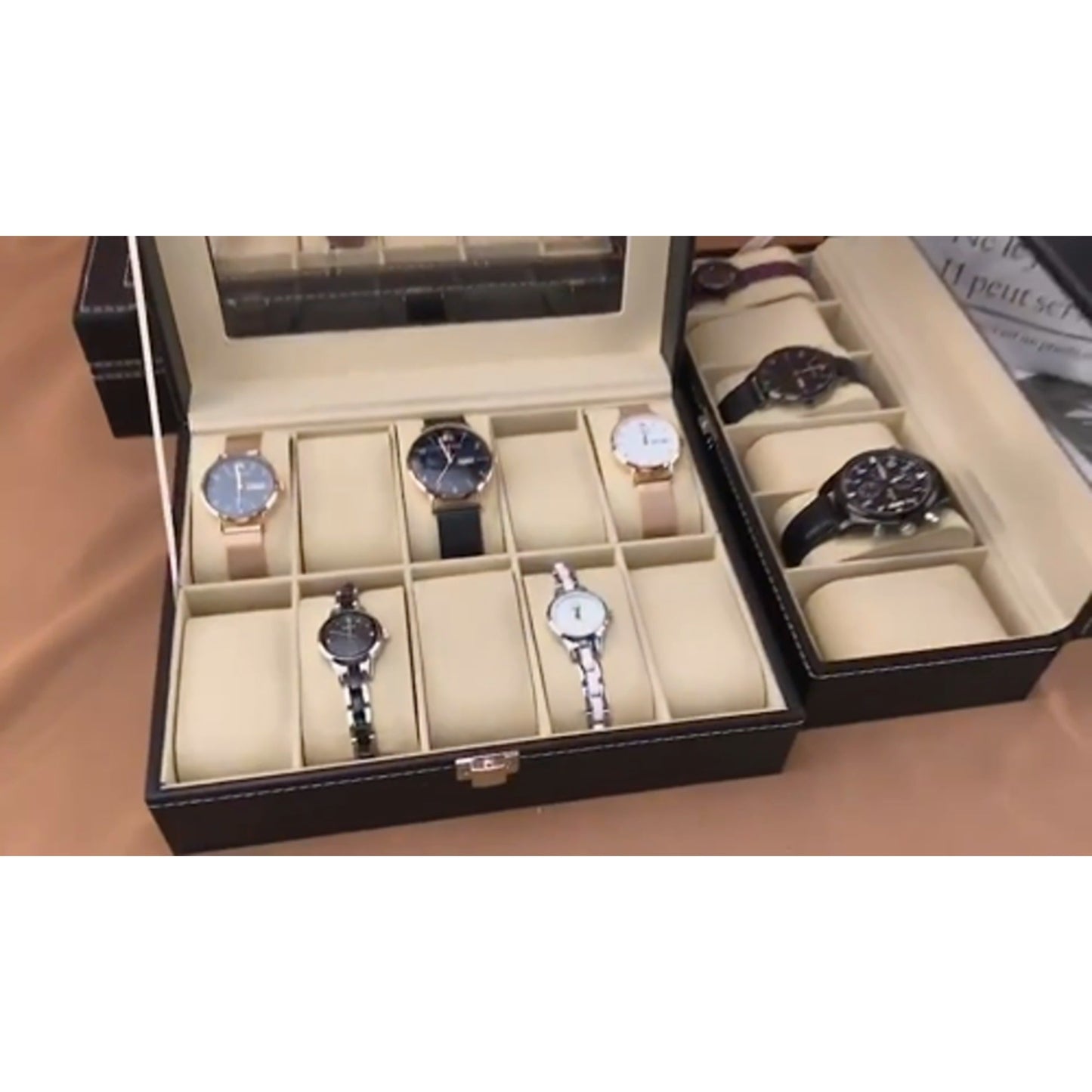 Leather Watch Box Organizer for Jewelry and Watches Glass Display Case