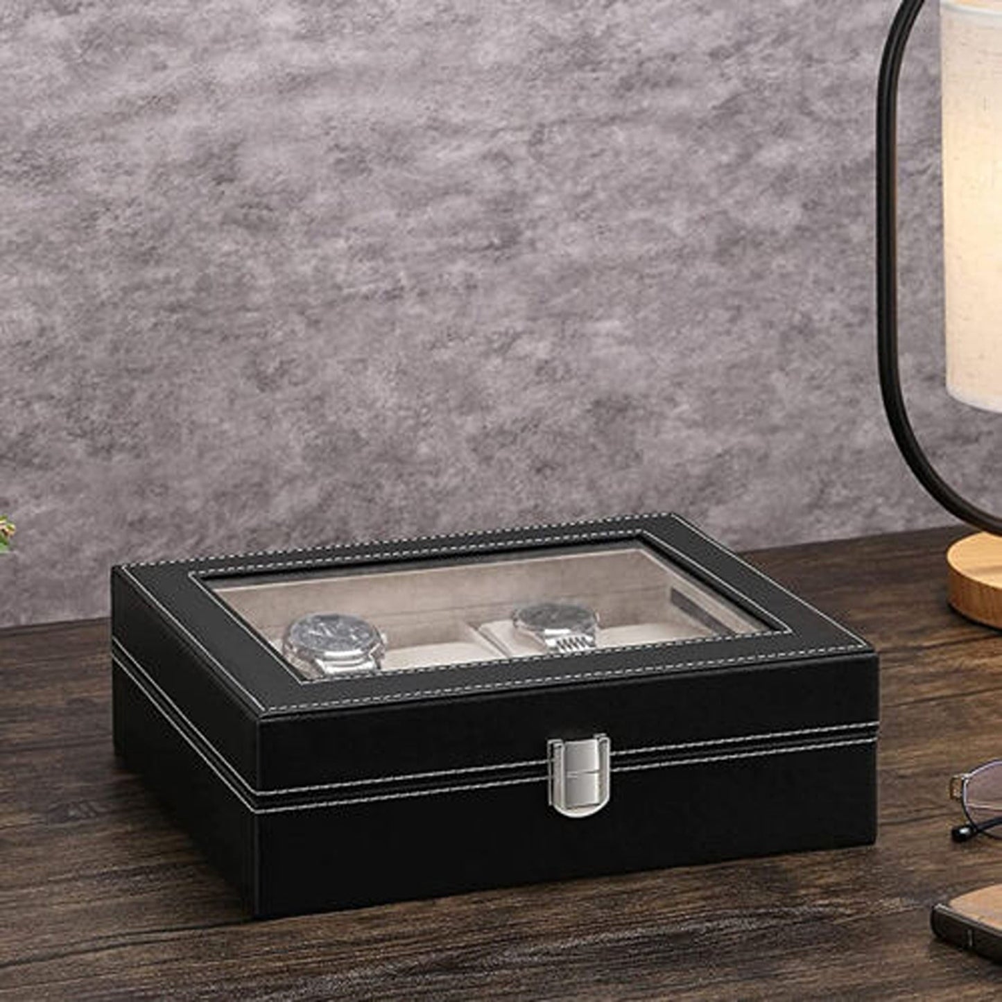 Leather Watch Box Organizer for Jewelry and Watches Glass Display Case