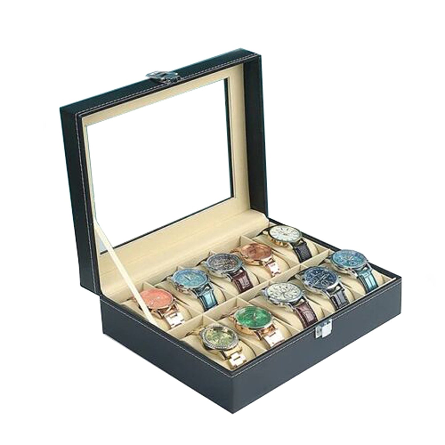 Leather Watch Box Organizer for Jewelry and Watches Glass Display Case