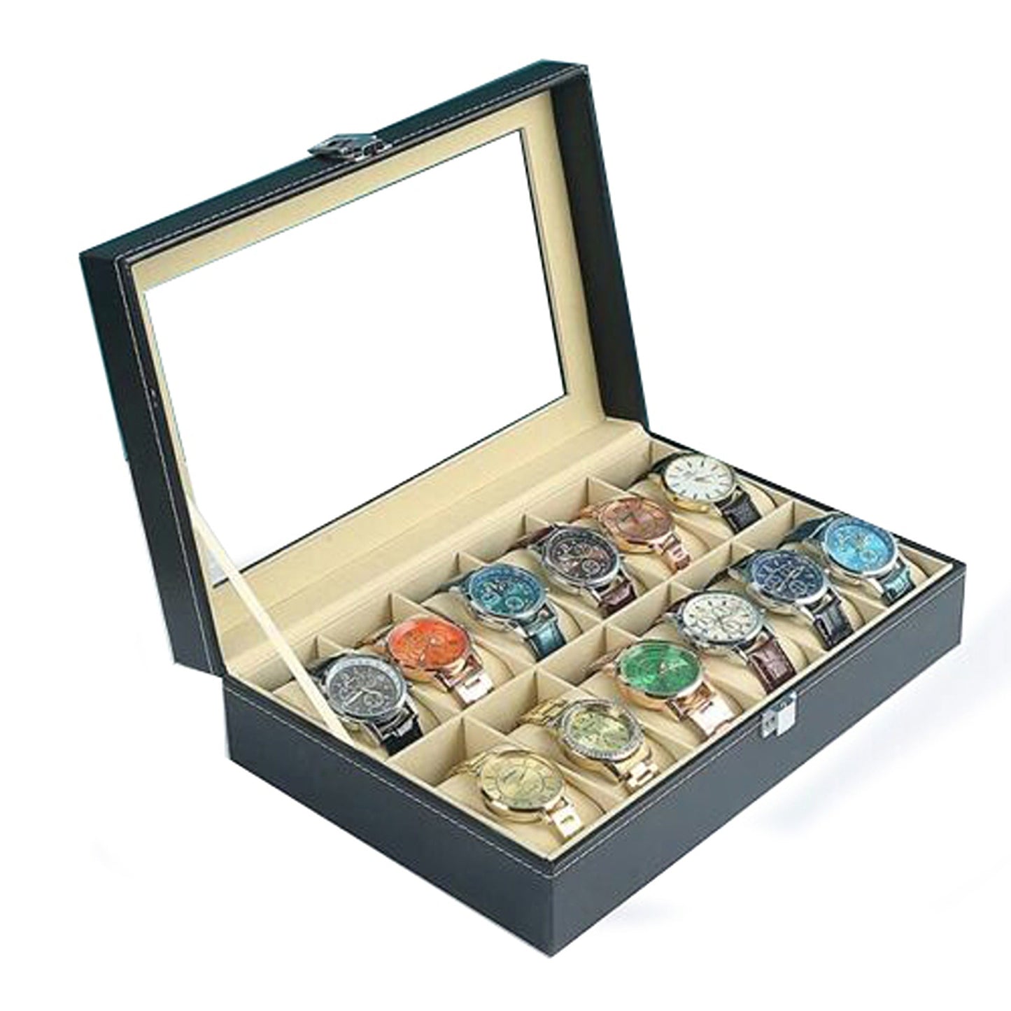 Leather Watch Box Organizer for Jewelry and Watches Glass Display Case