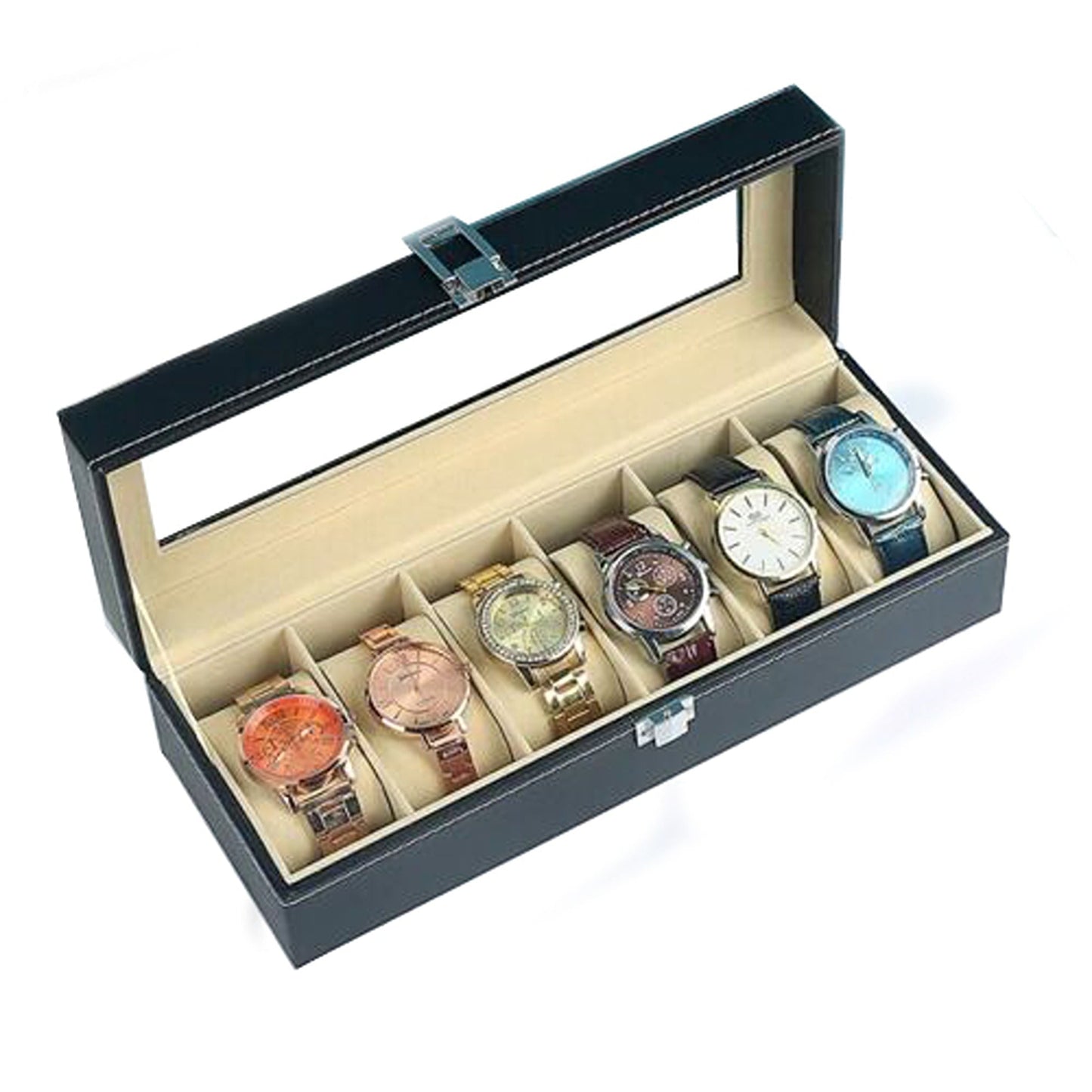 Leather Watch Box Organizer for Jewelry and Watches Glass Display Case