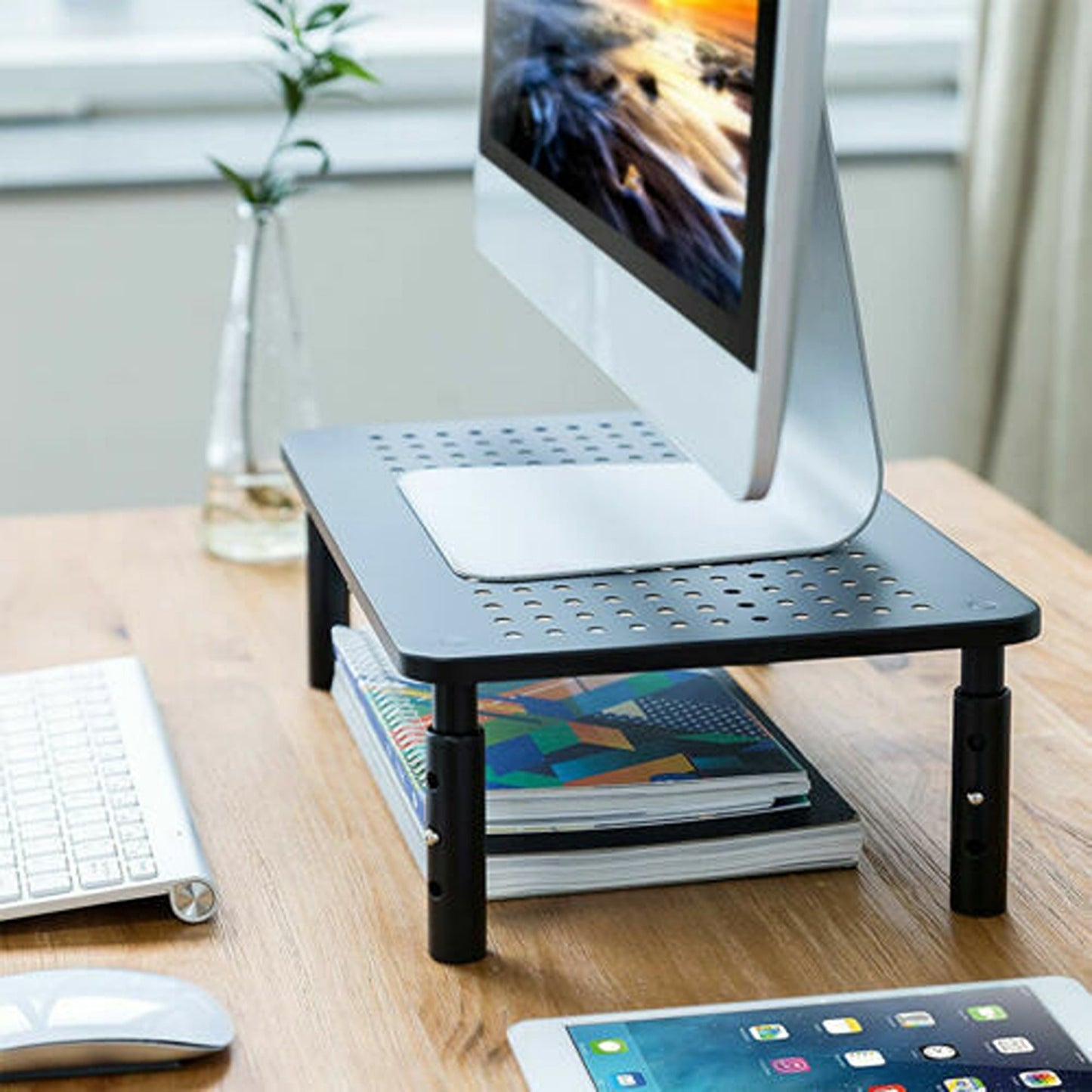 Adjustable Height Laptop and Monitor Stand with Mesh Platform