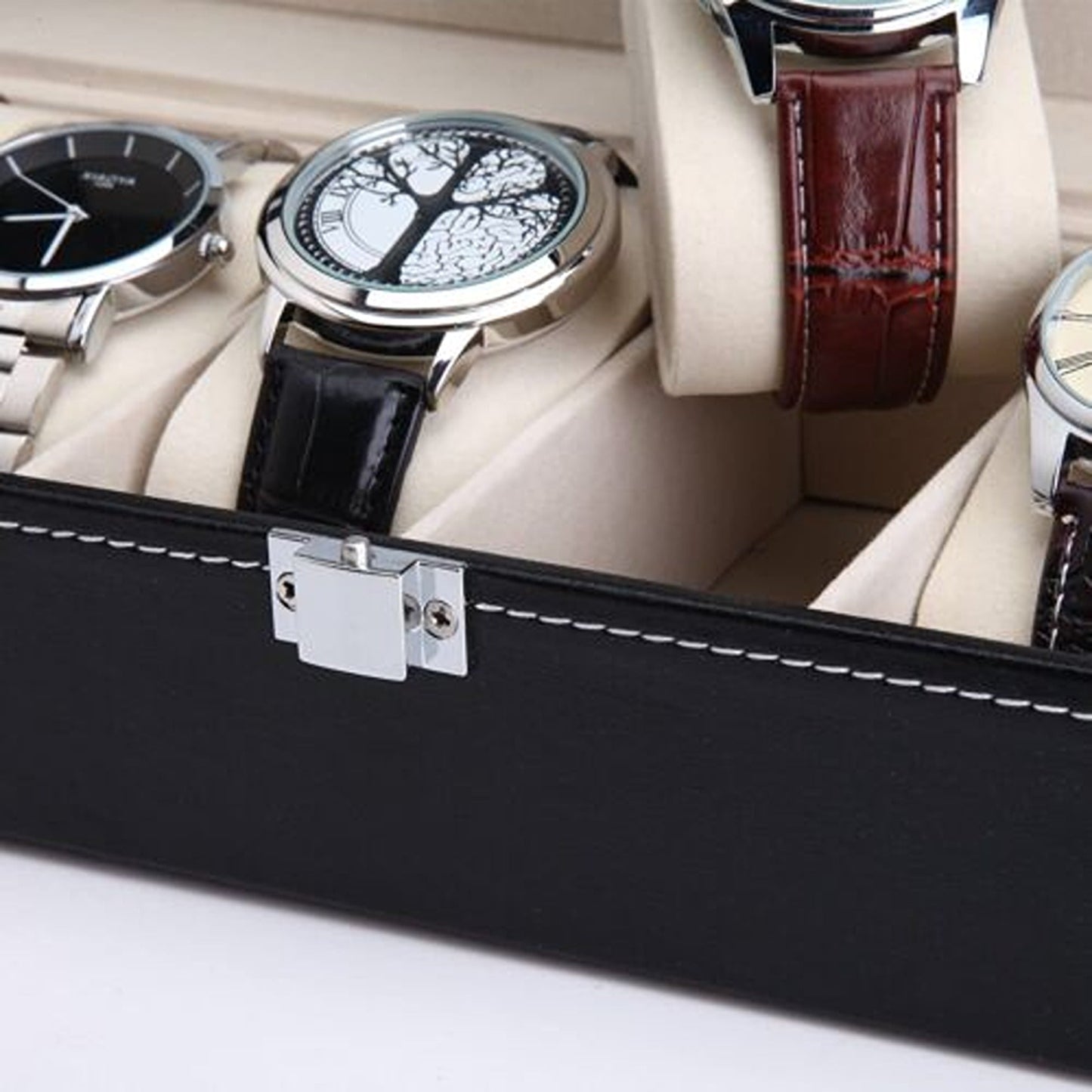 Leather Watch Box Organizer for Jewelry and Watches Glass Display Case
