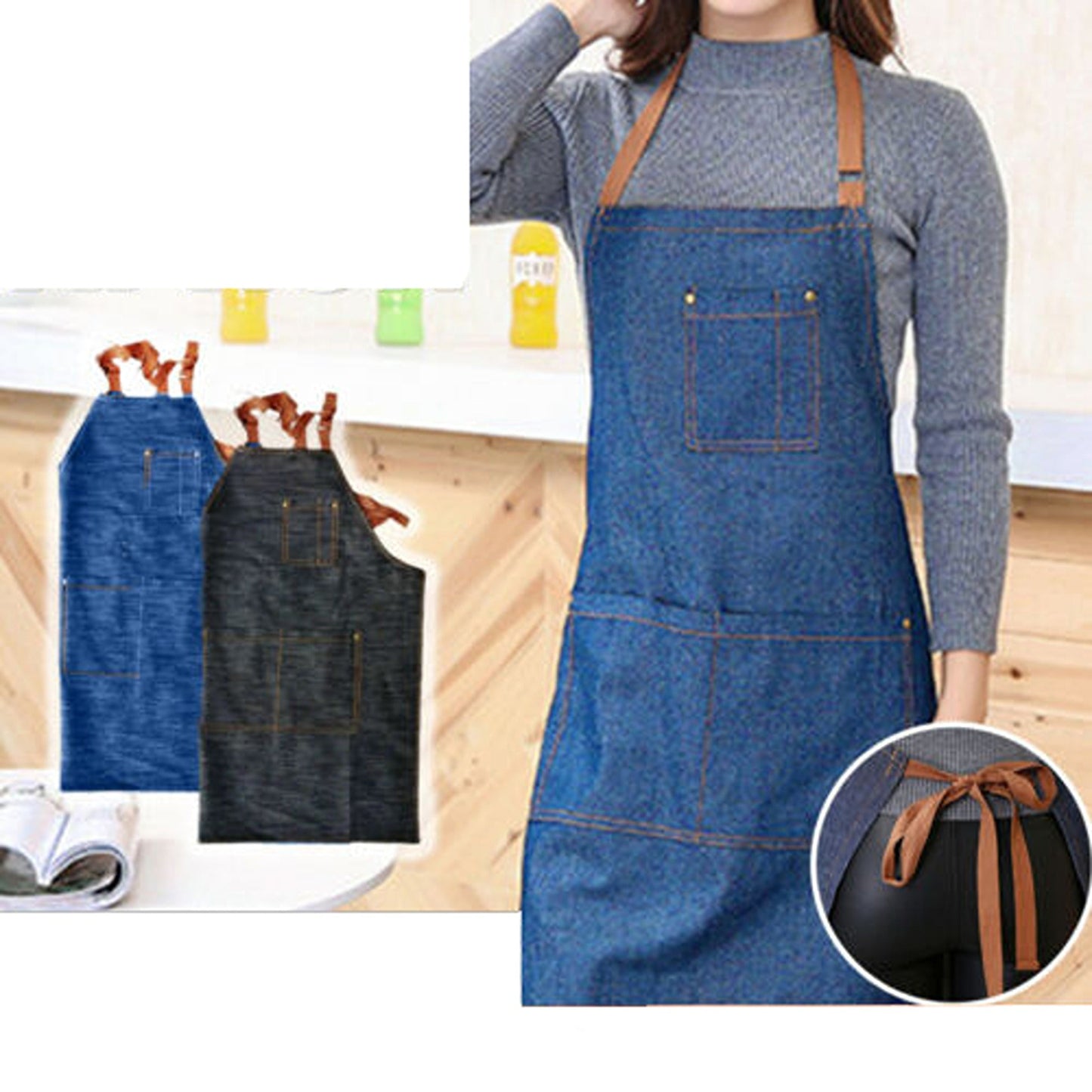 Denim Chef Apron with Adjustable Neck and Pocket for Kitchen Baking